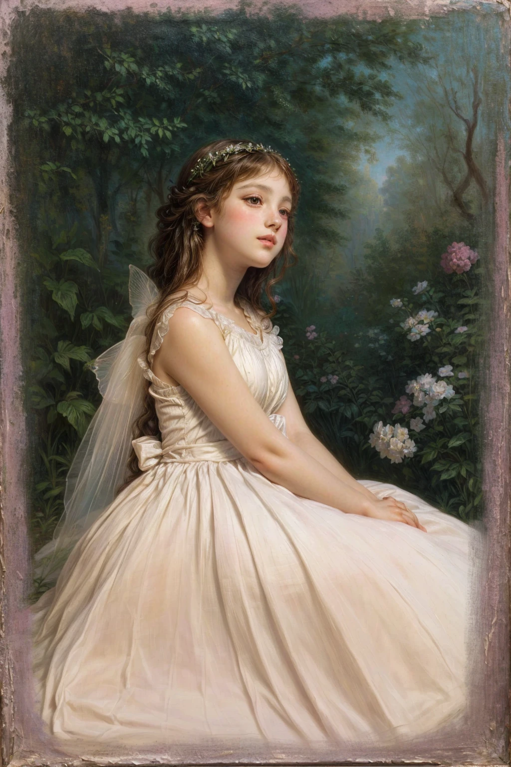 painting of a young girl in a white dress sitting in a garden, Portrait painting of a princess, portrait of fairy princess, princess portrait, Portrait of a princess, inspired by William-Adolphe Bouguereau, princess portrait, Pudica bouguereau style pose, classic portrait, beautiful languid princess, a stunning young ethereal figure
