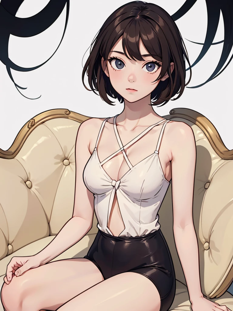 (((masterpiece, best quality, ultra highres, 1 girl, solo, no background))), super detailed skin and face and eyes and finger, beautiful japanese woman, small breasts:1.5, skinny, light brown hair, white background, very short hair, (an illustration of girl), Knee shot, Generate with illustrations, Various expressions, Various poses, Various Costumes, Please draw the entire character within the frame, ensuring that the head, arms, and legs are not cut off. The background should be simple, with the character positioned centrally, spread legs,