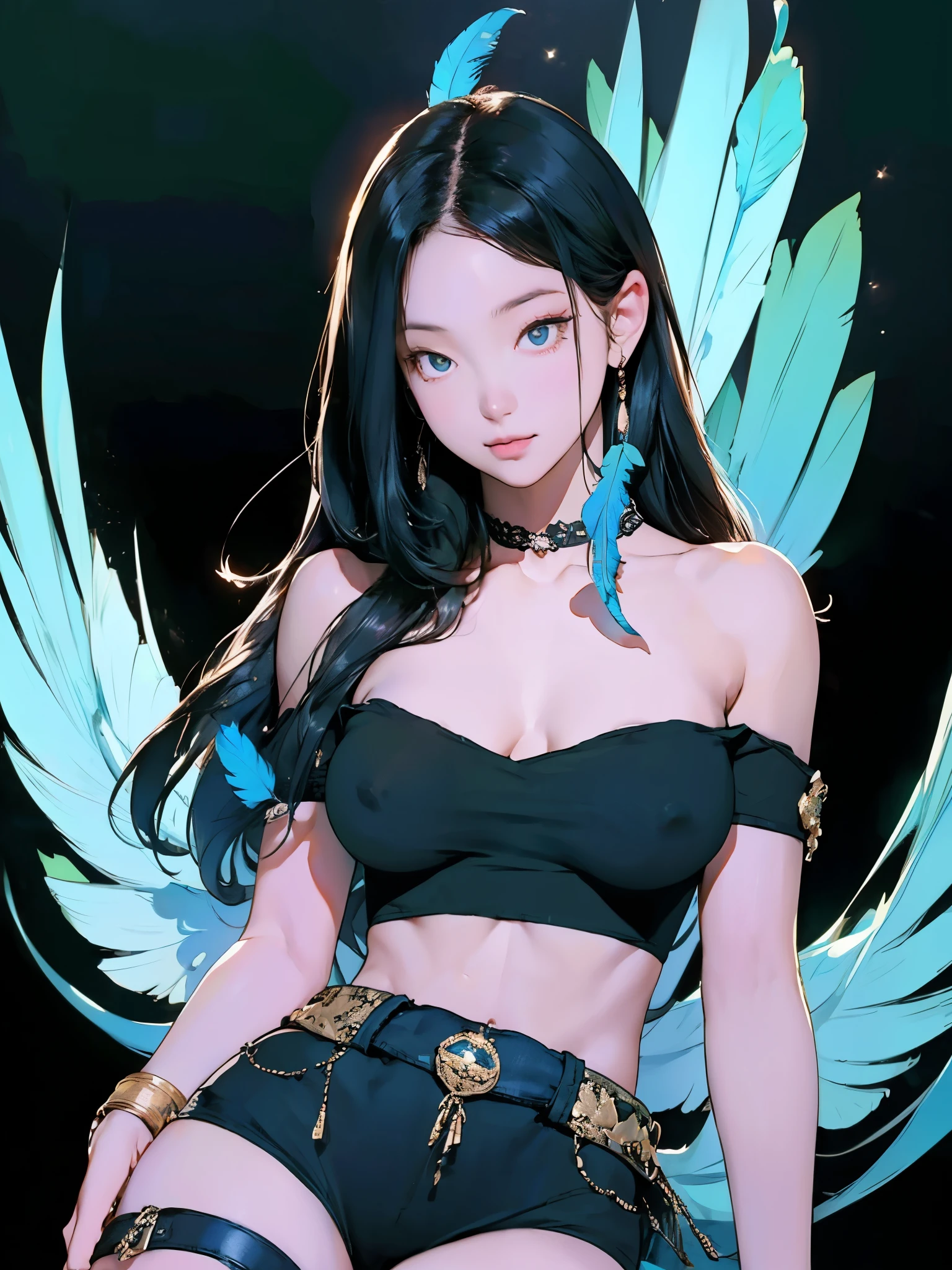 1girl, thick thighs, (black tube top:1.4), black highleg micro thong, (muscular abs:0.6), thigh strap, detailed face, looking at viewer, (wing embellishment, detailed blue feather:1.2), (very long black straight hair, middle parted hair), (modern abstract black kintsugi background), speakers, gigantic breasts,