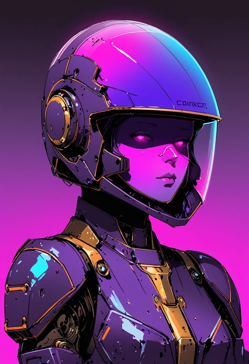 (Diffuse gradient background:1.5),rich and colorful,Ashley Wood (Ashley Wood) 的style,(Conrad Rosset (Conrad Roset) style:1.3), ,Close-up of a sketch by Conrad Roset, Helmet Robot ,(Gradient color mask glass:1.3),(Dark orchid neon glow:1.7),( (Glowing neon glass transparent helmet:1.8),No facial contour),(The bronze armor is rusty.，It&#39;s covered with moss:1.2),night,Moonlight Shadow,Dramatic Lighting,Gradient Pop Surrealism,Pop Art [(detail:1.2): [ (many small detail:1.3) : [ (many ultrasmall detail: 1.2):(Very detailed ultra-small edges and micro-relief:1.5):0.7 ]: 0.4 ] :0.2], BREAK More information,(dark:1.5),(very detailed shading:1.5),Absolute Shadow,absolute dark,