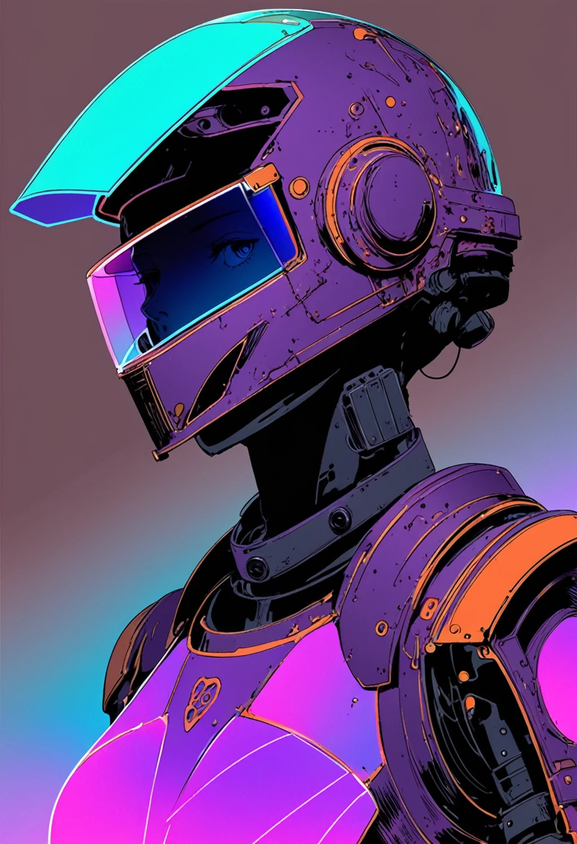 (Diffuse gradient background:1.5),rich and colorful,Ashley Wood (Ashley Wood) 的style,(Conrad Rosset (Conrad Roset) style:1.3), ,Close-up of a sketch by Conrad Roset, Helmet Robot ,(Gradient color mask glass:1.3),(Dark orchid neon glow:1.7),( (Glowing neon glass transparent helmet:1.8),No facial contour),(The bronze armor is rusty.，It&#39;s covered with moss:1.2),night,Moonlight Shadow,Dramatic Lighting,Gradient Pop Surrealism,Pop Art [(detail:1.2): [ (many small detail:1.3) : [ (many ultrasmall detail: 1.2):(Very detailed ultra-small edges and micro-relief:1.5):0.7 ]: 0.4 ] :0.2], BREAK More information,(dark:1.5),(very detailed shading:1.5),Absolute Shadow,absolute dark,