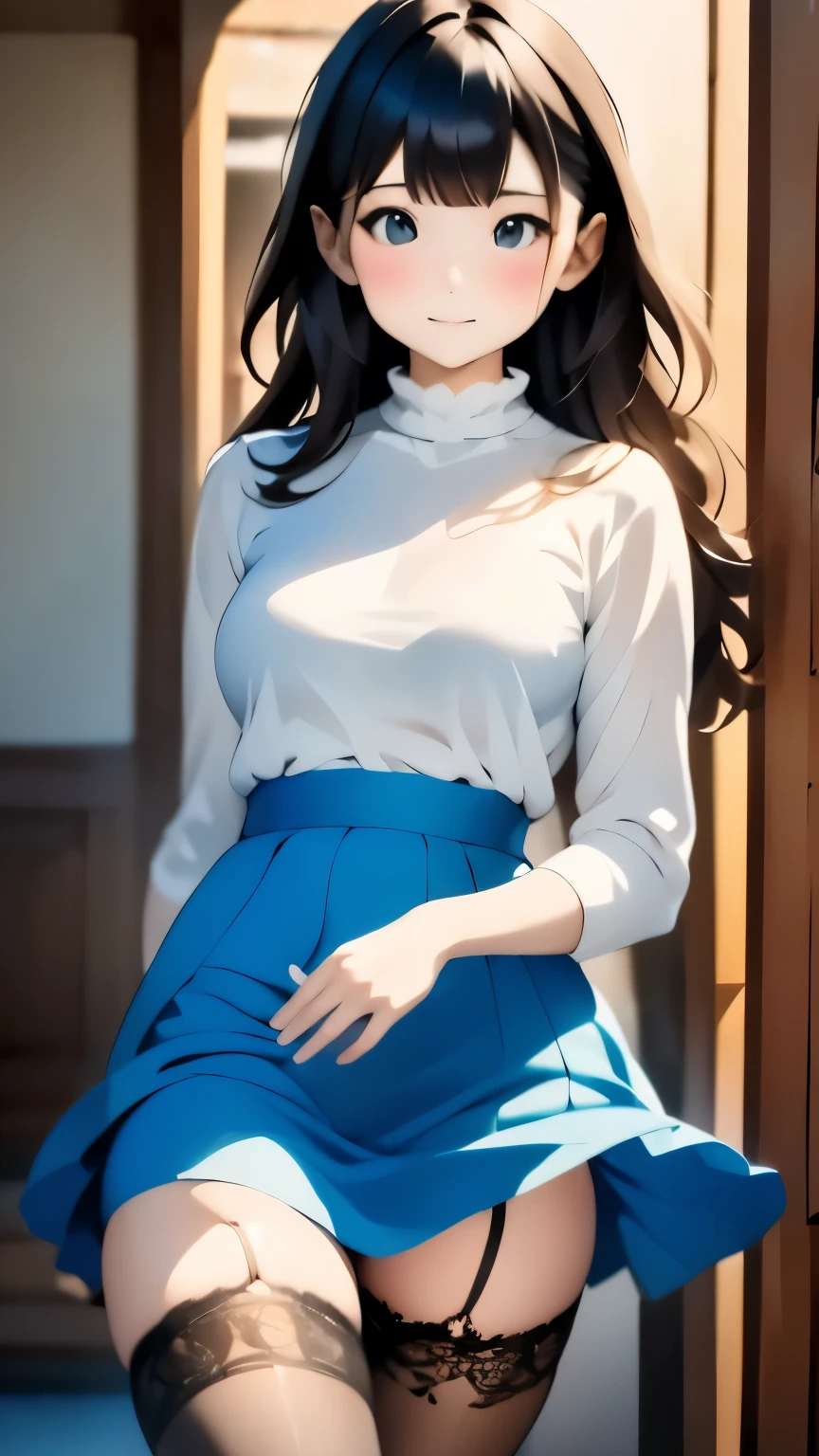 Highest quality:1.2、masterpiece、woman, 18-year-old, short black hair wavy hair、bangs、(White turtleneck knit)、(Blue long skirt:1.5), (((Black Stockings、Lace-look stockings)))、 Cute Smile:0.2、Black high heels、(((The wind blew her skirt away, Please show me my pants...)))、(Light blue lace panties)、Cute Earrings、(Please tilt your head a little)