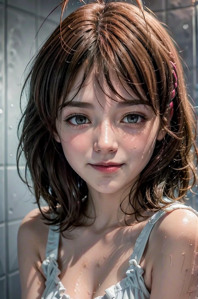 a cute wet girl in the shower, smiling, in love, detailed face, beautiful eyes, long eyelashes, detailed lips, perfect skin, wavy wet hair, steam, soap bubbles, warm lighting, pastel colors, cinematic, photorealistic, 8k, hyper detailed