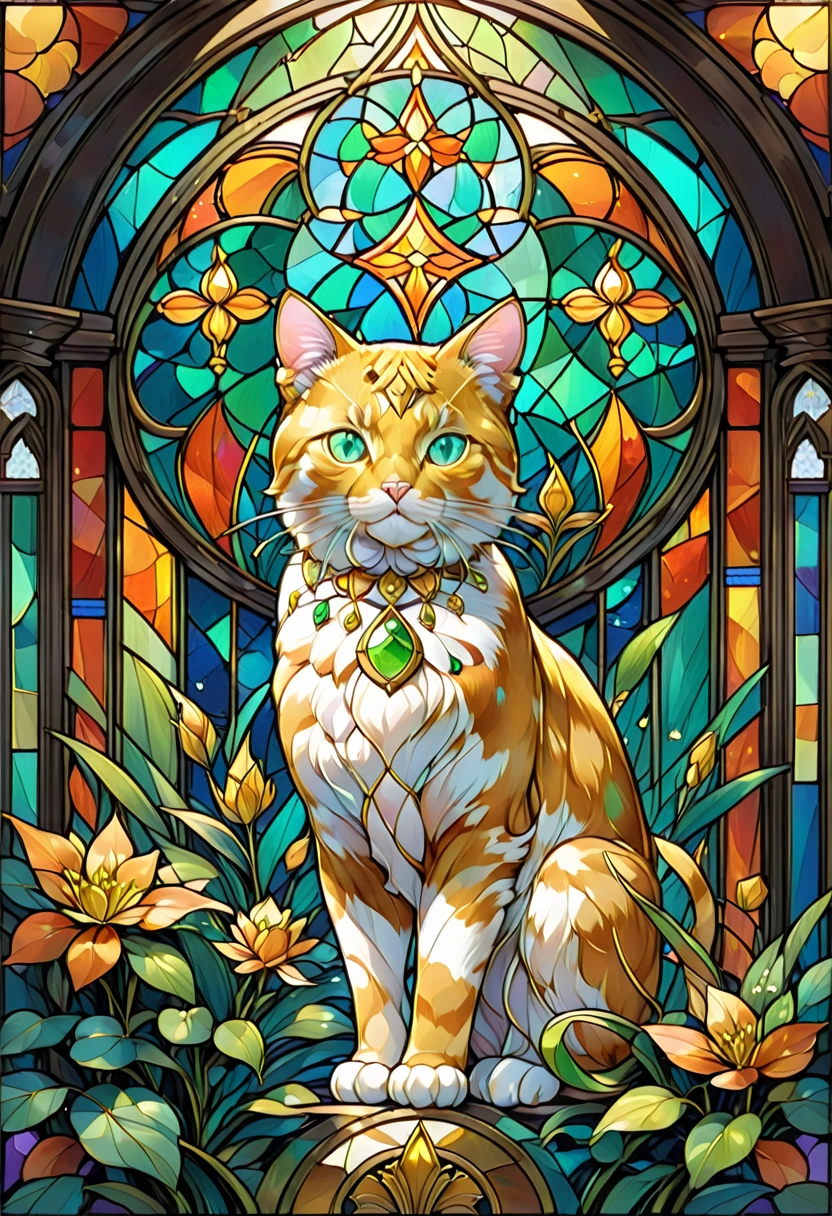 illustration of colorful stained glass window where green and orange are the predominant colors and in the center of the stained glass window, with golden crystals it is believed, a figure of a geometric golden cat