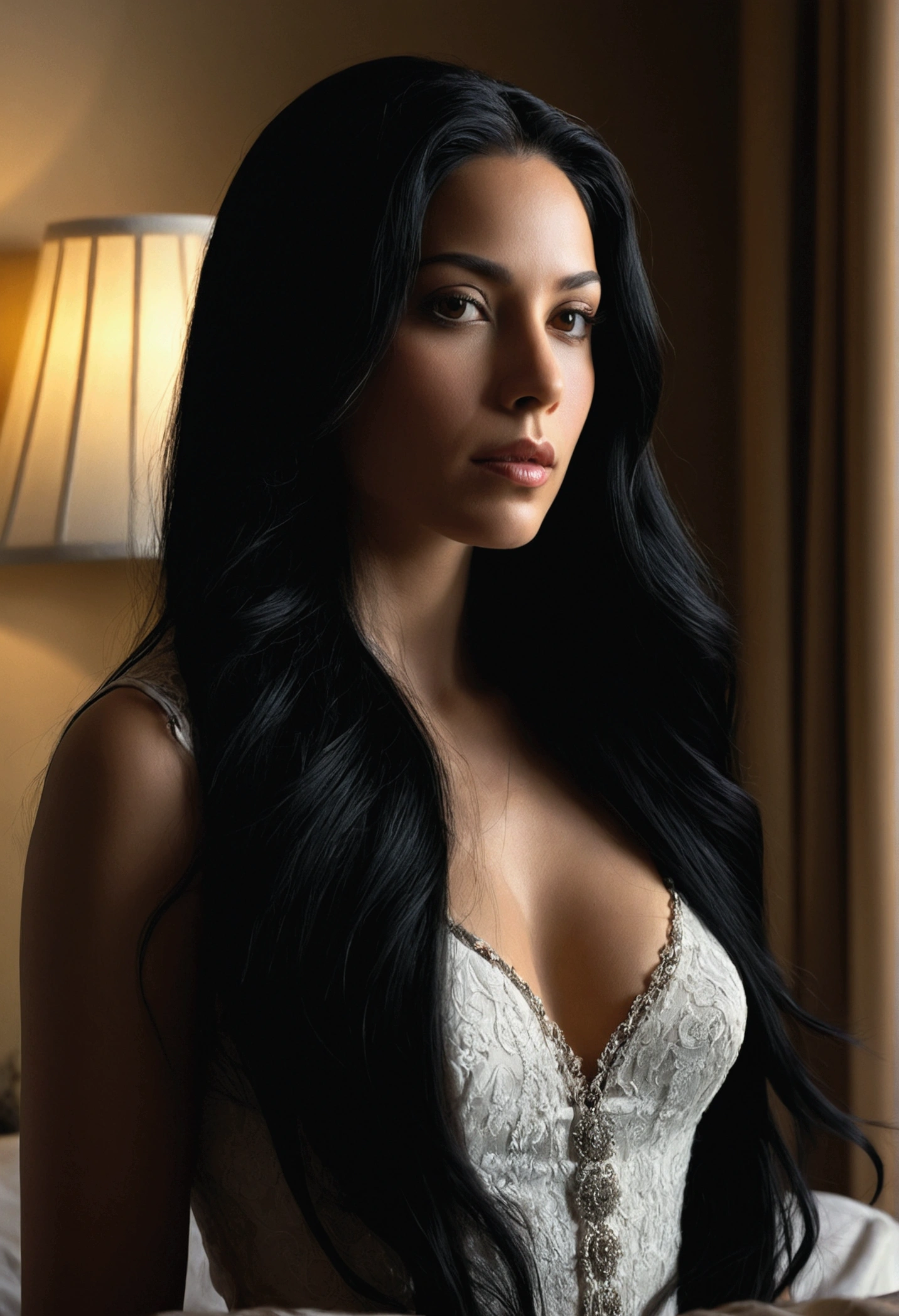 A beautiful woman with long black hair in the bedroom, high quality portrait, photorealistic, chiaroscuro lighting, dramatic lighting, dramatic shadows, intricate details, elegant, serene, feminine, moody, cinematic, stunning, mesmerizing