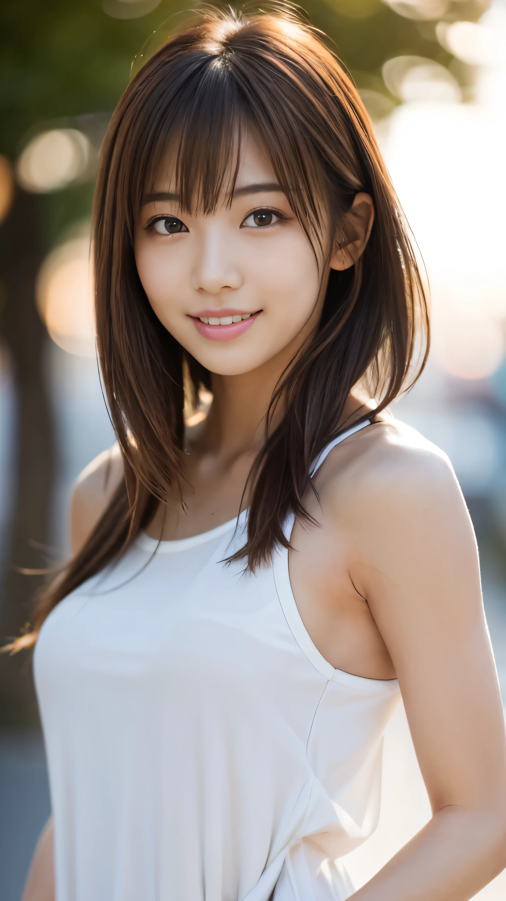 masterpiece, best quality, ultra high res, ultra detailed, sharp focus, 1girl, solo, a stunning pretty and beautiful Japanese sexy model, 19yo, looking at viewer:1.3, (bright smile:0.6), dusk, sunset, night, realistic, slender, (standing:1.1), (looking at the viewer:1.3), sexy gaze, blush, (upper body shot:1.6), medium hair, messy hair, asymmetrical bangs, light brown hair, messy hair style, ((Hands behind head、smile、Light clothing))、((裸:1.5))