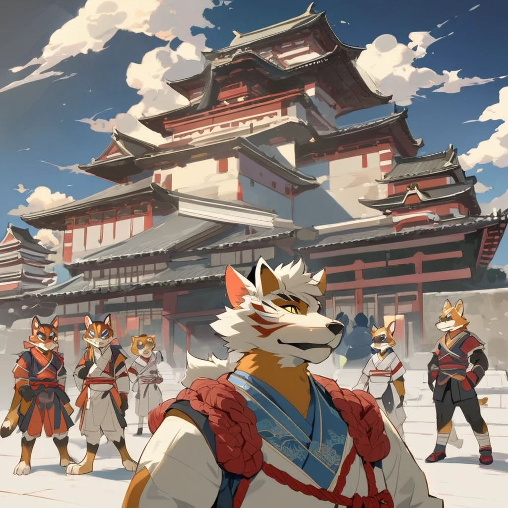 top quality, best quality, High-quality illustrations, masterpiece, super high resolution, detailed background, japanese castle, samurais, boys, girls, absurdres(highly detailed beautiful face and eyes)perfect anatomy, expression, good lighting, cinematic shadow(kemono, furry anthro)assorted poses, rough sketch, manga,