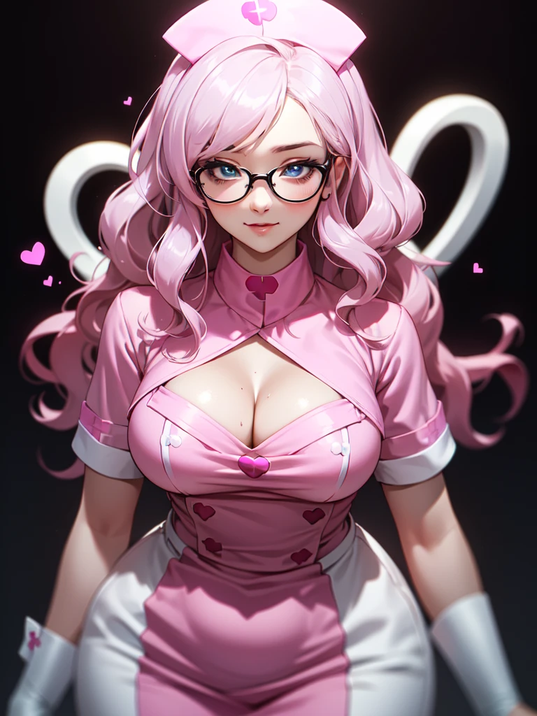 (((Portrait Photo))), She has the Appearance of a Caring and Professional Young Nurse, with a Voluptuous Figure that Radiates Kindness and Competence. Her Long, Wavy Blue Hair is Elegantly Styled, Falling Gracefully Over Her Shoulders and Framing Her Gentle Face. Her Large, Blue Eyes, Enhanced by Glasses, Reflect a Deep Compassion and Warmth, Inviting Trust and Comfort. Her Expression is Soft and Understanding, with a Hint of a Smile that Conveys Reassurance and Dedication. (((High Quality, Dark Background))), (((Portrait Photo))), (((Sexy Pink Nurse's Uniform Accentuates Her Curves))), (((Slightly Reveals Her Chest))), (((Heart-shaped Pupils)))
