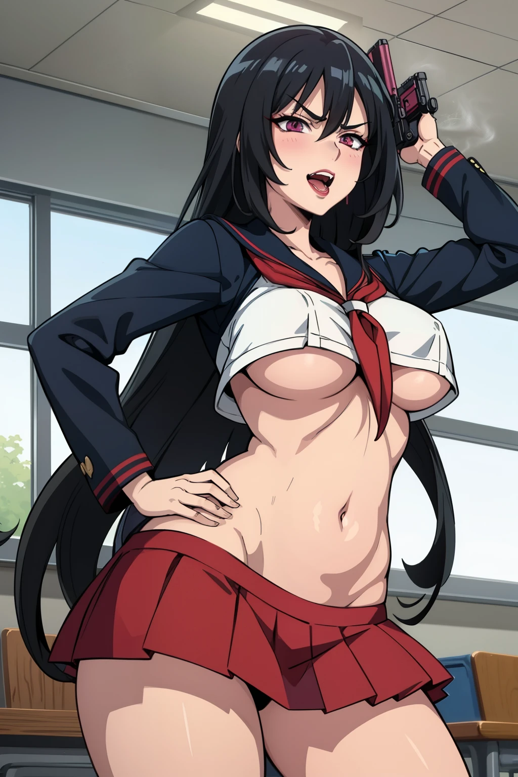 WakatsukiRisa, 1girl, solo, mature female, standing,
naughty face, smile,
black hair, long hair, makeup, lipstick, eyelashes, purple eyes, detailed eyes, perfect face,
medium breasts, narrow waist, blush, lipstick, long hair, crazy eyes ,Hot girl, baddie, staring, glaring, bad attitude, mean girl, dare, angry, hate, crazy, smoking, sensual, attractive, masterpiece, best quality, highly detailed, a anime girls in sailor uniforms with a gun posing for a picture,
evil smile, smile, open mouth,black_serafuku, ecchi anime style, anime girls , (nsfw) not safe for work,
ecchi style, ecchi, shipgirls, digital anime art!!, high school girls, holding a gun, hold a gun, anime style 4
k, micro skirt, exposed belly, exposed navel, exposed midriff, holding pistol,underboob,
exposed lower belly,school, classroom,