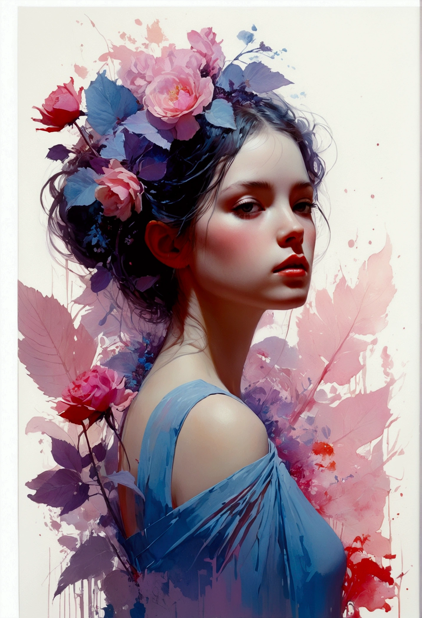 1girl,Flor, En el estilo de rosa claro y azul claro, dreamy and romantic compositions, pale pink, ethereal foliage, playful arrangements,fantasy, alto contraste, ink strokes, Explosiones, over exposure, purple and red tone impression , abstracto, ((acuarela de John Berkey y Jeremy Mann )) Pinceladas, espacio negativo,