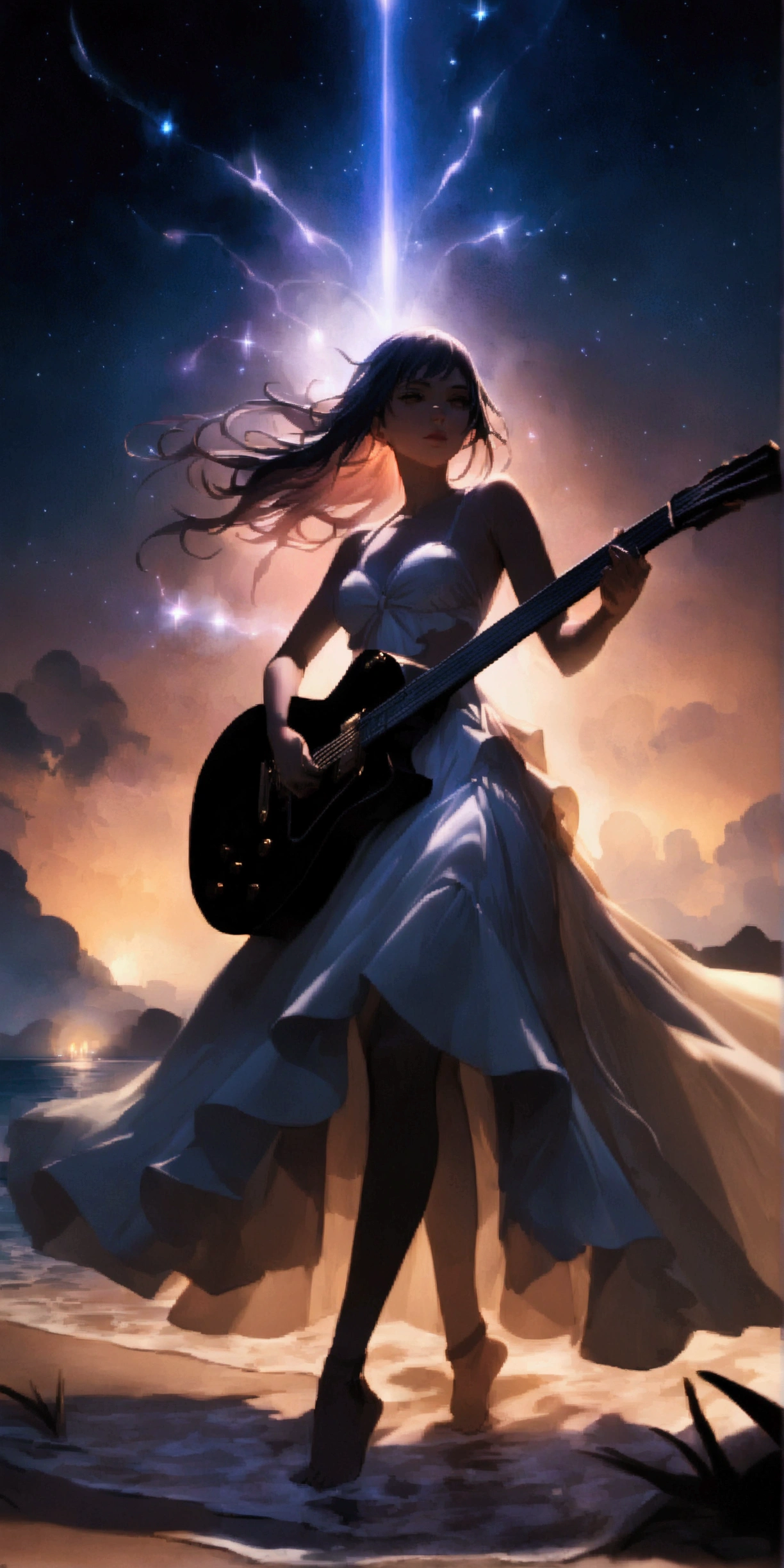 night, , on stage, 1 girl, Holding an electric guitar, Umbilical cord, clavicle, beach, Starry Sky, fantasy, magic, mystery, ethereal, sublime atmosphere, dreamlike, dramatic lighting, high quality, Octane Rendering, epic scene,