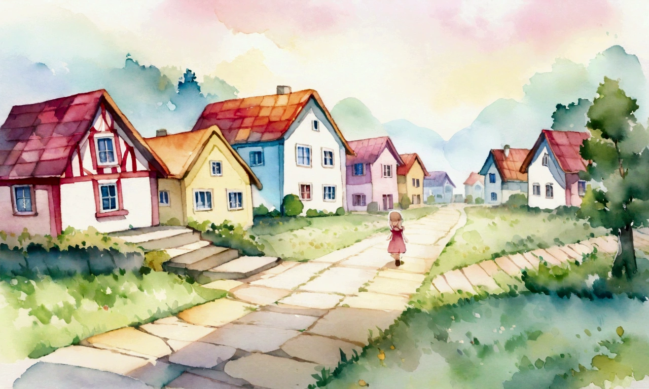  A village with colorful houses and a stone path appears. Children play in the field.　watercolor 