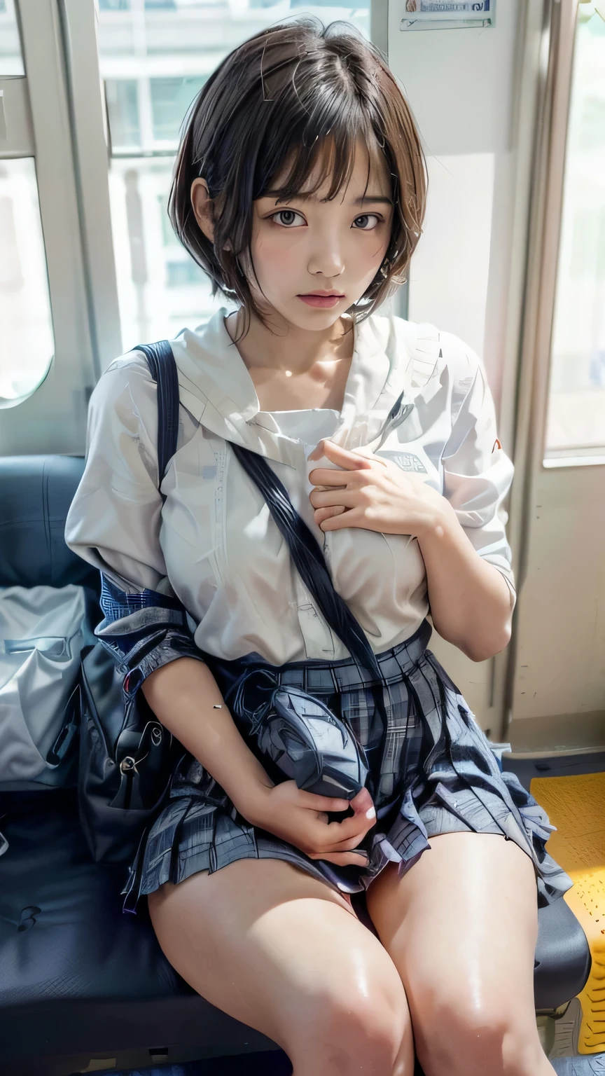 (High school girl sitting on a seat in a Japanese train:1.2、Sit in a chair on the train、face to face)、((school uniform、White blouse、(Navy blue checked pleated skirt:1.2)、Navy blue socks、loafers、Detailed white panties)、(Sports Bags、The strap of the bag passes between the chest、paisla:1.5)、(Realistic、Like a photograph、Live Action、8k, Realistic, RAW Photos, Best image quality: 1.4), Single-lens reflex camera、RAW Photos, Highest quality, Realistic, Highly detailed CG Unity 8k wallpaper, Written boundary depth, Cinematic Light, Lens flare, Ray Tracing, Realistic background、((Ultra-Dense Skin))、  girl after school,Cute Japanese Girl、(whole body:1.5)、Very detailedな顔，avert your eyes:1.1、(short hair:1.2、Shortcuty hair is blowing in the wind:1.4)、I like that style、stylish、Very detailed、Pay attention to the details、Perfect outfit、(Sunburned skin)、View from above、Accurate hands、Accurate legs、Detailed hands and fingers、Anatomically correct body、Thin legs、Thin thighs、Large Breasts、Super detailed face