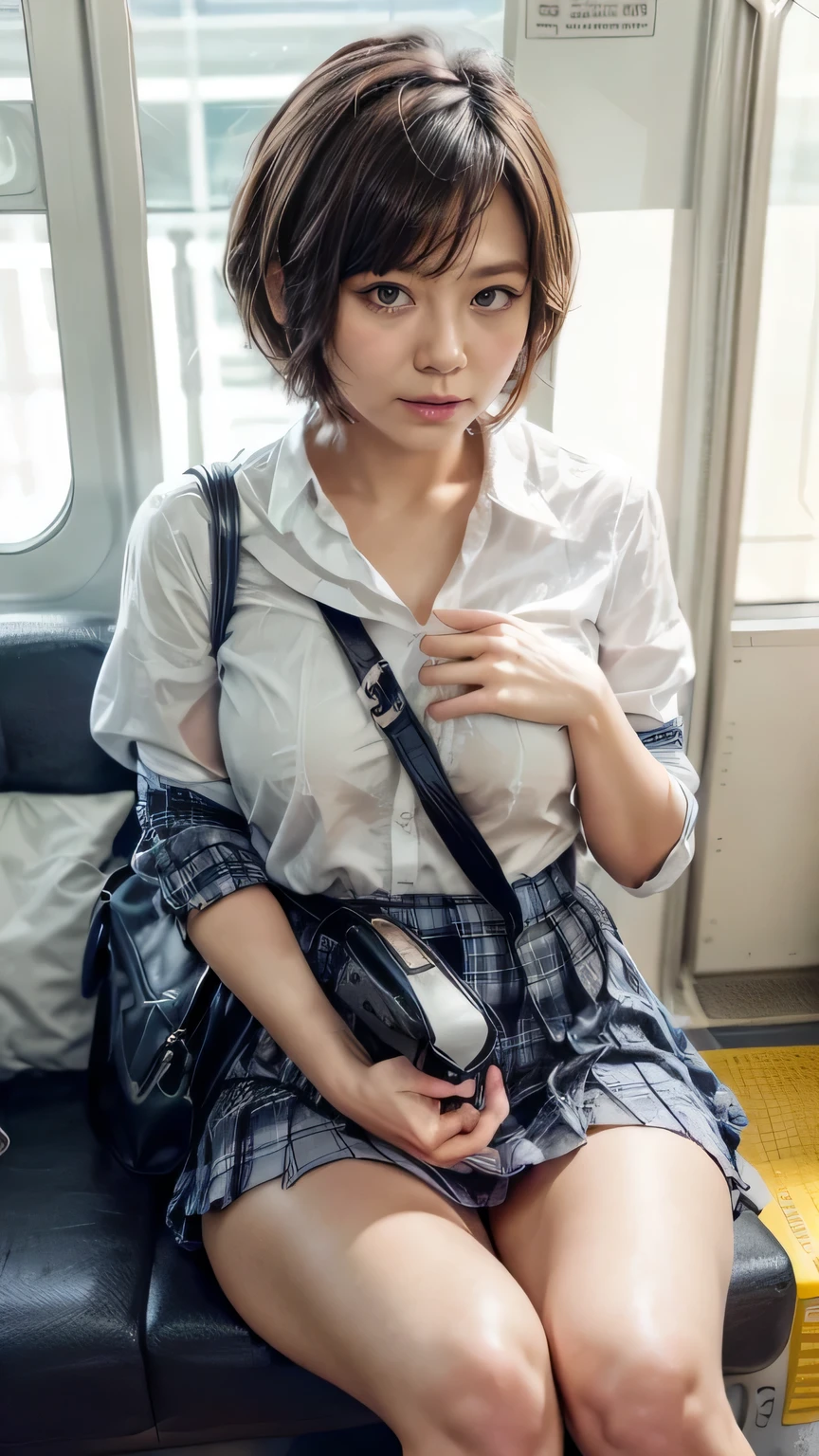 (High school girl sitting on a seat in a Japanese train:1.it in a chair on the train、face to face)、((school uniform、White blouse、(Navy blue checked pleated skirt:1.2)、Navy blue socks、loafers、Detailed white panSports Bags、The strap of the bag passes between thhest、paisla:1.5)、(Realistic、Like a photograph、Live Action、8k, Realistic, RAW Photos, Best image quality: 1.4), Single-lens reflex camera、RAW Photos, Highest quality, Realistic, Highly detailed CG Unity 8k wallpaper, Written boundary depth, Cinematic Light, Lens flare, Ray Tracing, Realistic background、((Ultra-Dense Skin))、 16 year old gchool,Cute Japanese Girl、(whole body:1.5)、Very detailedな顔,avert your eyes:1.1、(short hair:1.2、Shortchair is blowing the wind:1.4)、I like that style、stylish、Very detailed、Pay attention to the details、Perfect outfit、(Sunburned skin)、View from above、Accurate hands、Accurate legs、Detailed hands and fingers、Anatomically correct body、Thin legs、Thin thighs、Large Breasts、Super detailed face