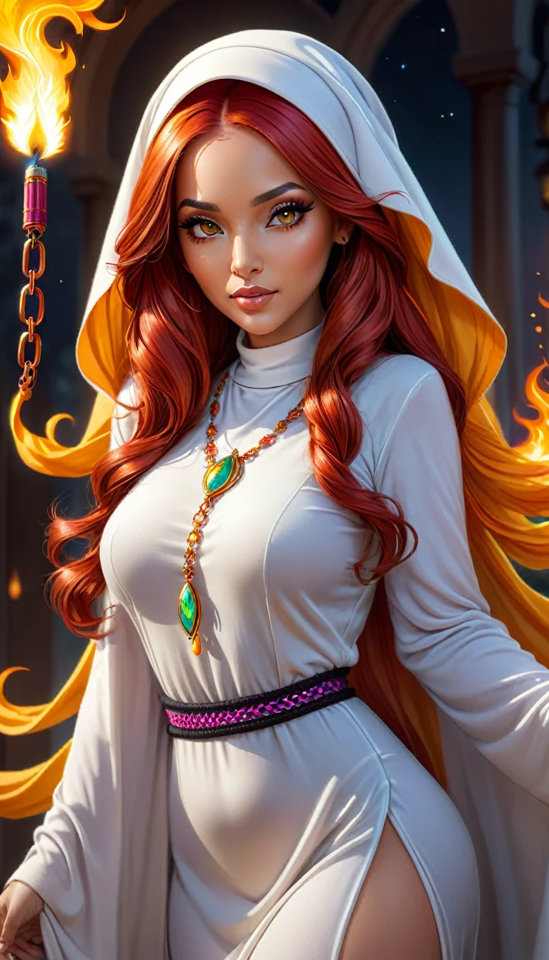 A captivating, photorealistic pencil art illustration of an alluring muslim nun-themed cosplay character. The subject is a beautiful redhead with flowing locks and a sulltry, confident pose. She wears a knitted outfit adorned with vibrant, colorful chains, revealing a hint of her toned physique. Dark, luscious lips complete her captivating appearance. there are fiber beams in the background that create a calm, nighttime atmosphere. The character is accompanied by a flaming effect, adding drama to the breathtaking scene, perfect for a hot summer night.