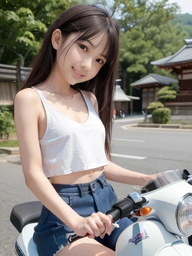 Japanese female, a lot of details, (underweight), detailed black hair, beautiful detailed hair, super fucking beautiful, delicate beautiful face, complex details beautiful and delicate eyes, perfect hands, (flat chest best quality:1.5), perfect and delicate limbs, detailed skin, best quality, ultra-detailed,(cheerful grin:1.3), NSFW,motorcycle, delightful, smiling, riding motorcycle, messy hair, (Wearing white panties),(Panties are visible),white tank top, denim skirt, ( Scene of running astride a scooter:1.3), japanese, in the village, with a shrine, low angle shot, gigantic scale