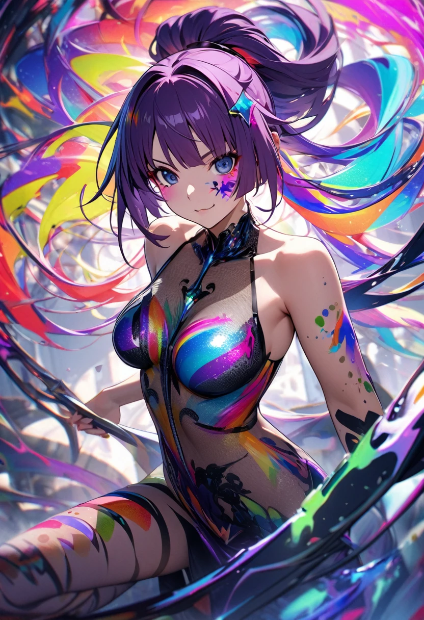 Highest quality,Highest Resolution,４K quality,Rainbow city night view outside large window in modern bedroom((Rainbow colors))の下着着用のsmileの女性の横顔,Jet black ponytail,Dark room,((Rainbow colors))Sexy lingerie,Many water drops on the window,garter belt,High leg,Rainbow colorsの下着,Knee-high stockings,smile,Landscape,Colorful eyeballs,Small bra,