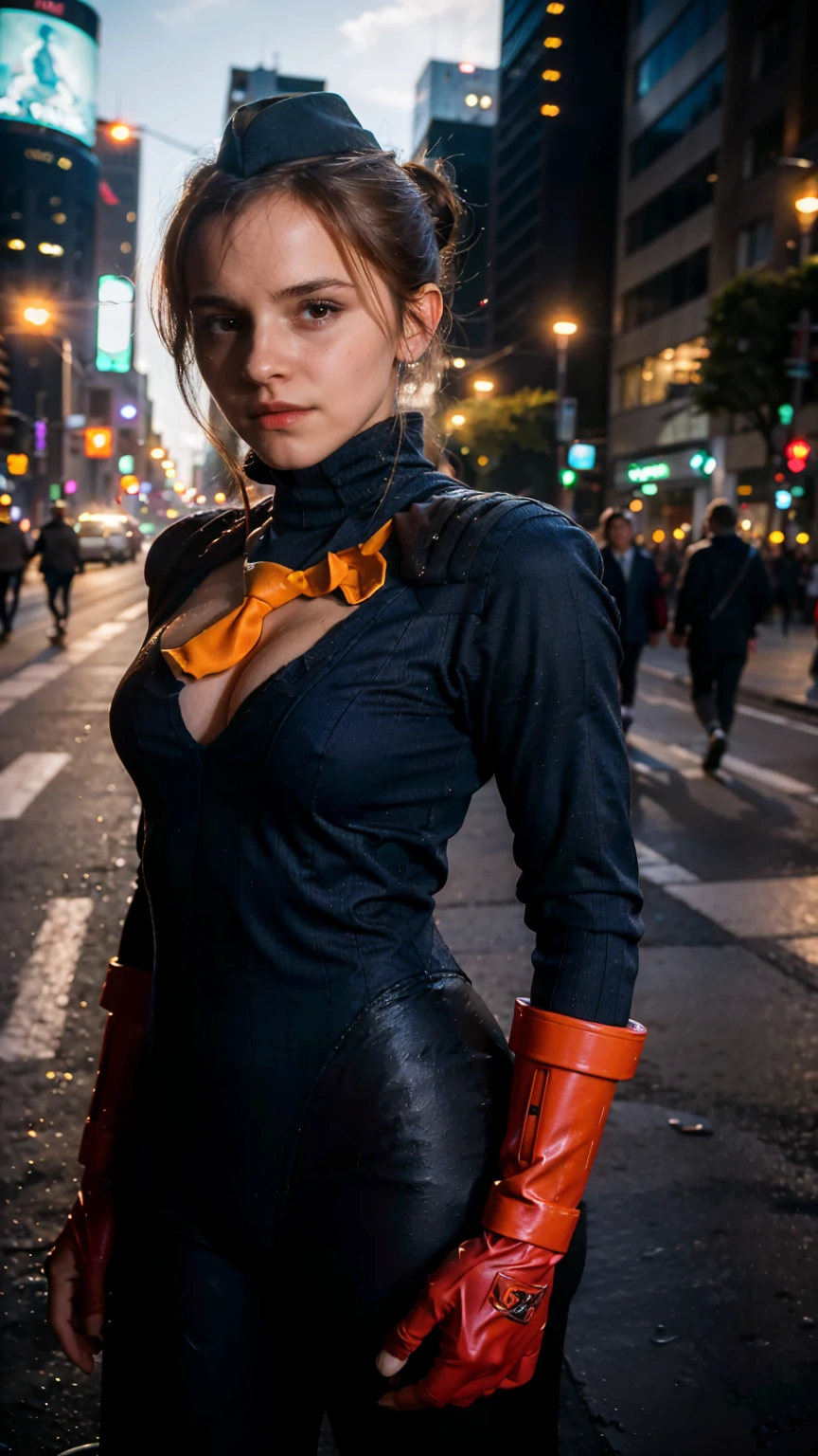 (masterpiece), (best quality), (solo, 1girl), (photorealistic1.4), (Emma Watson) (sfJuli latex costume), (sfJuli bodysuit), brown hair, hat, (sfJuli orange necktie), (sfJuli red gloves), (navy blue ribbed bodysuit) ,(sfJuli leggings) (epiCRealLife:1.0), (flashphoto), (flash photography), (walking on Tokyo Night street), (neon lights), (pose for pictures) (junijuli-nvwls-v1-000009)