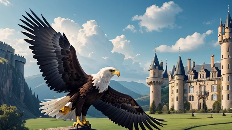 Beautiful eagle in front of a beautiful castle. A beautiful photo . work of art.
