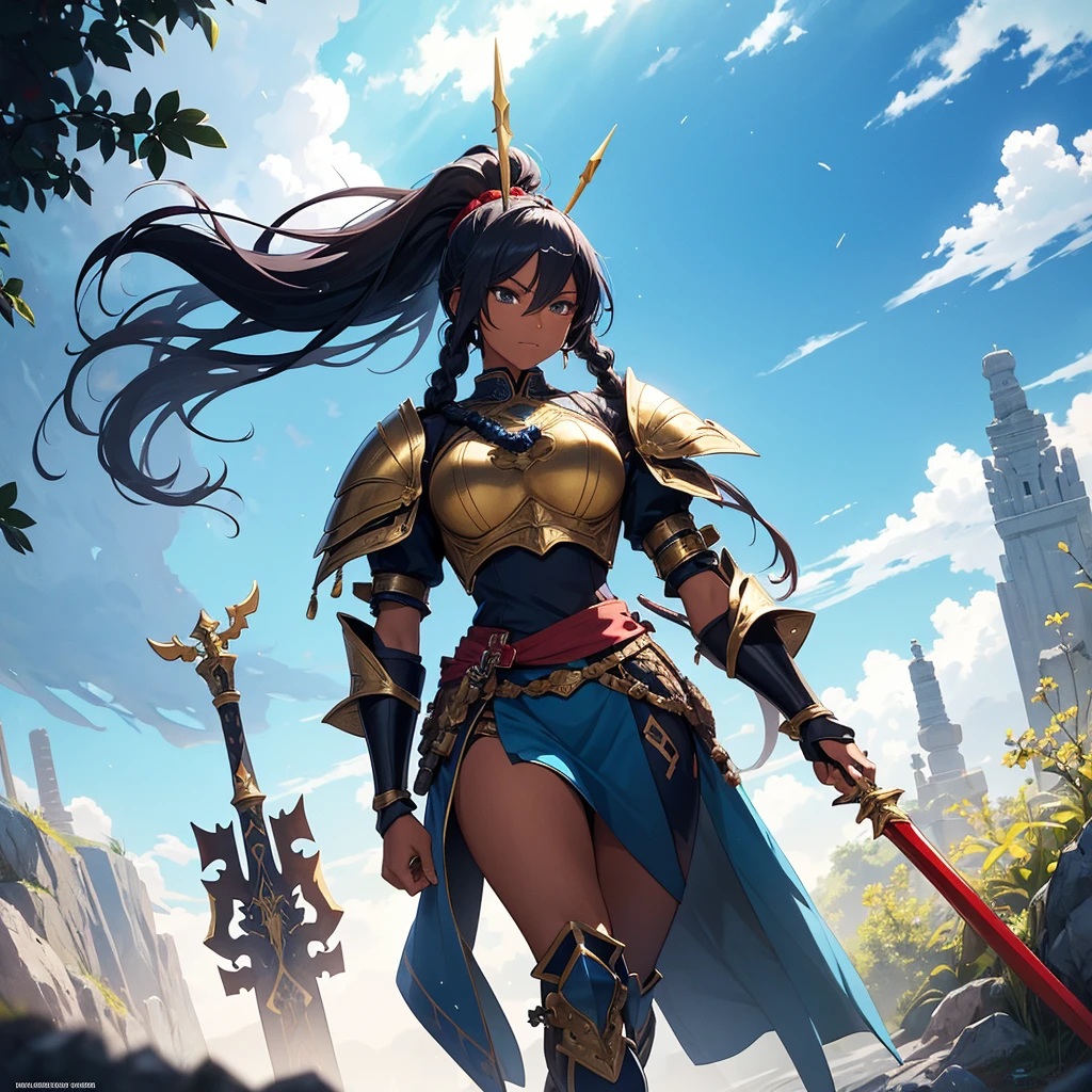In Japanese animation style, in the foreground, an African American woman dressed in leather and plate armor with gold and red ornaments, equipped as a medieval lancer, without a helmet, with long hair tied in small braids ending in beads and pulled back into a ponytail behind her head; looking forward disdainfully while walking, holding an ornate spear in her right hand. In the background, a blue wyvern spitting lightning into the sky, surrounded by some vegetation and the blue sky in the far background.