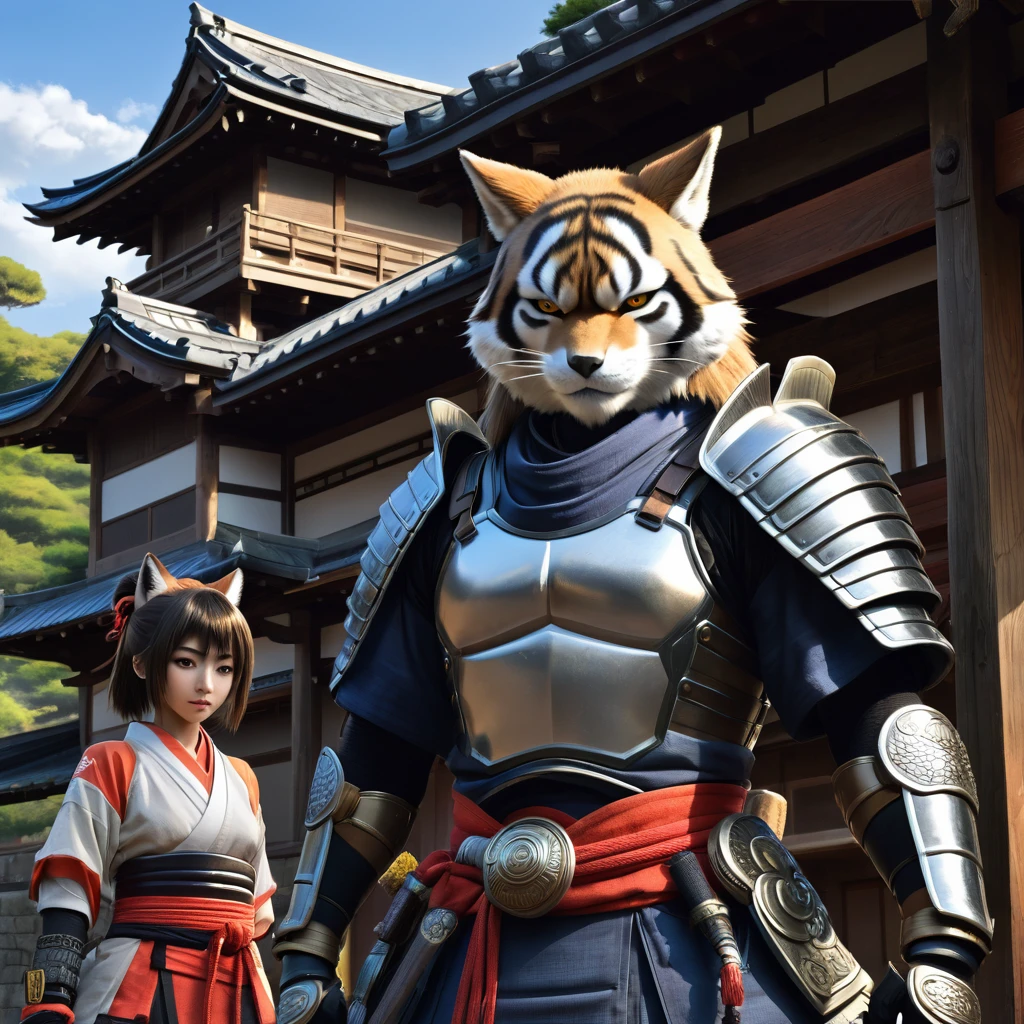 top quality, best quality, High-quality illustrations, masterpiece, super high resolution, detailed background, japanese castle, samurais, boys, girls, absurdres(highly detailed beautiful face and eyes)perfect anatomy, expression, good lighting, cinematic shadow(kemono, furry anthro)assorted poses, rough sketch, manga,