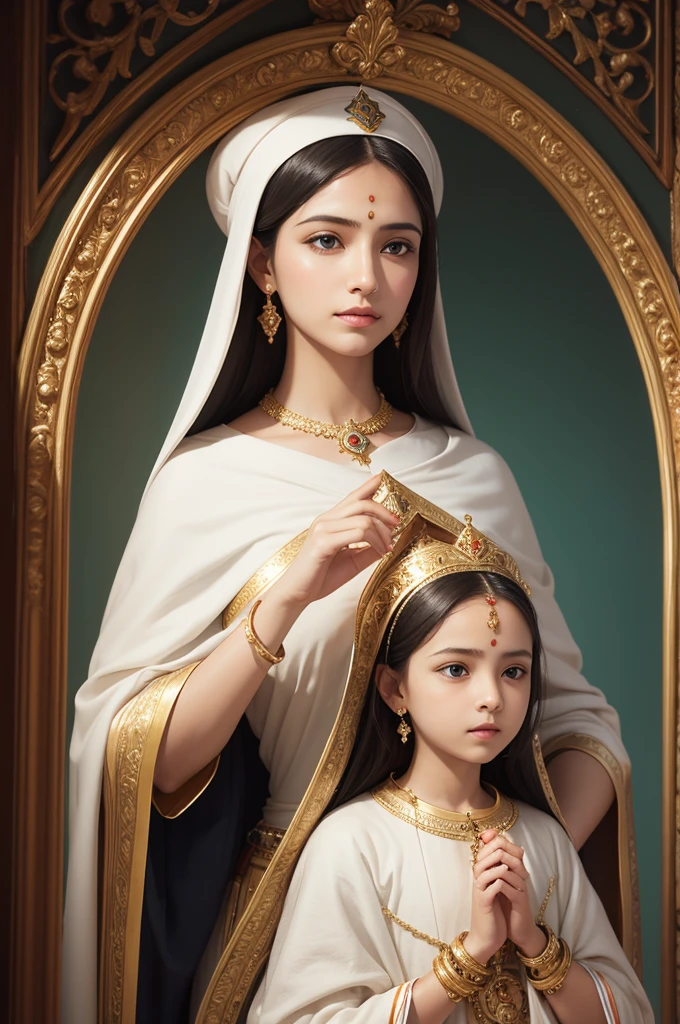 Create an image of Our Lady Sant&#39;Ana holding her daughter Maria in a serene and spiritual environment. Both must be dressed in traditional attire and radiate an aura of sanctity