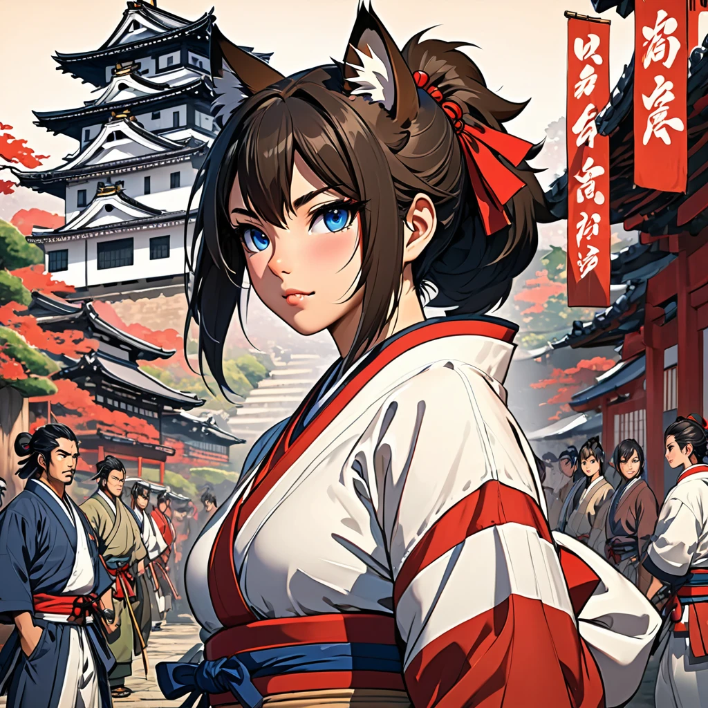 top quality, best quality, High-quality illustrations, masterpiece, super high resolution, detailed background, japanese castle, samurais, boys, girls, absurdres(highly detailed beautiful face and eyes)perfect anatomy, expression, good lighting, cinematic shadow(kemono, furry anthro)assorted poses, rough sketch, manga,