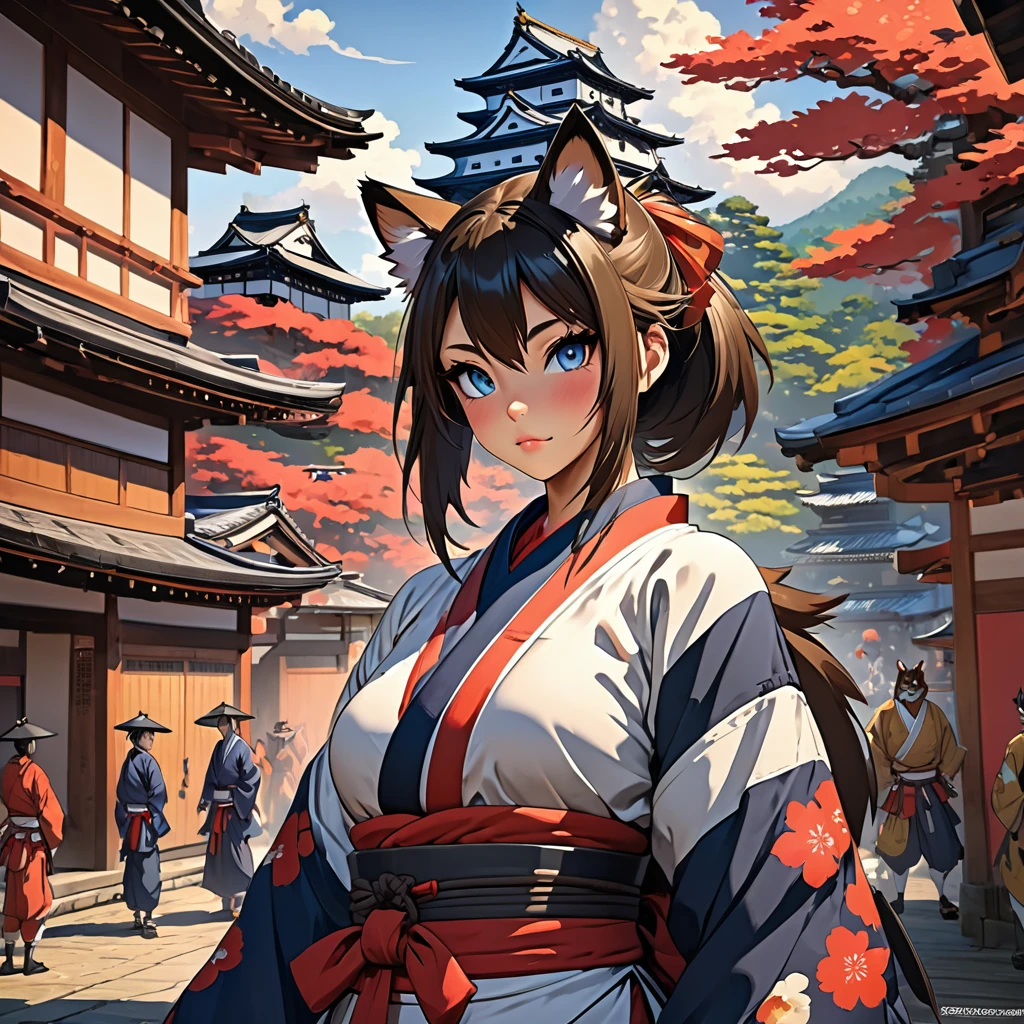 top quality, best quality, High-quality illustrations, masterpiece, super high resolution, detailed background, japanese castle, samurais, boys, girls, absurdres(highly detailed beautiful face and eyes)perfect anatomy, expression, good lighting, cinematic shadow(kemono, furry anthro)assorted poses, rough sketch, manga,