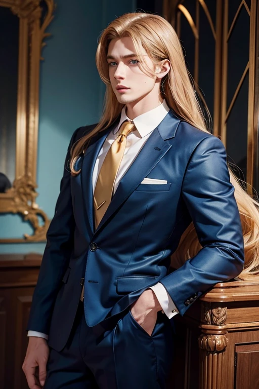 1 male 23 years old, 193 cm tall, long golden hair, blue eyes, With a suit, manly and muscular in profile