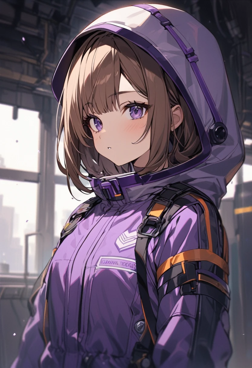 A young woman with short brown hair wears a purple pilot jumpsuit