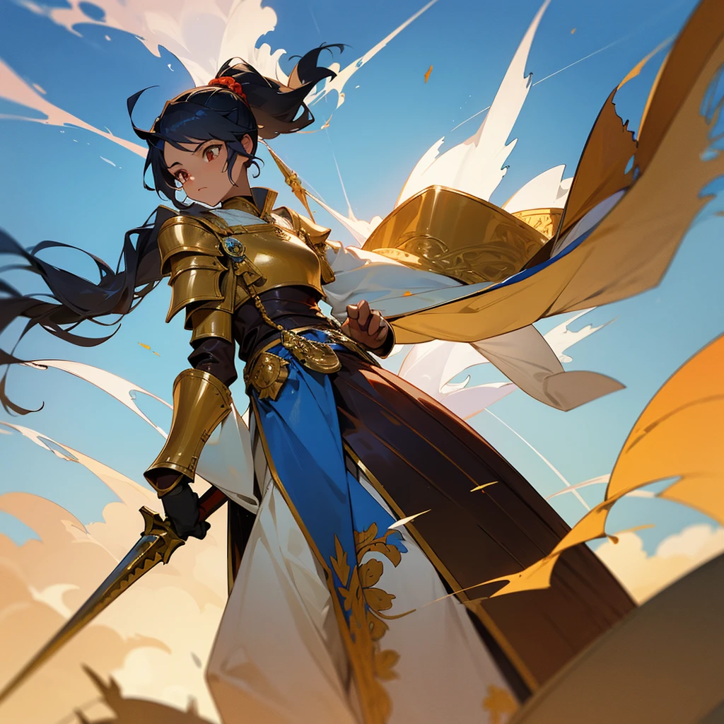 In Japanese animation style, in the foreground, an African American woman dressed in leather and plate armor with gold and red ornaments, equipped as a medieval lancer, without a helmet, with long hair tied in small braids ending in beads and pulled back into a ponytail behind her head; looking forward disdainfully while walking, holding an ornate spear in her right hand. In the background, a blue wyvern spitting lightning into the sky, surrounded by some vegetation and the blue sky in the far background.