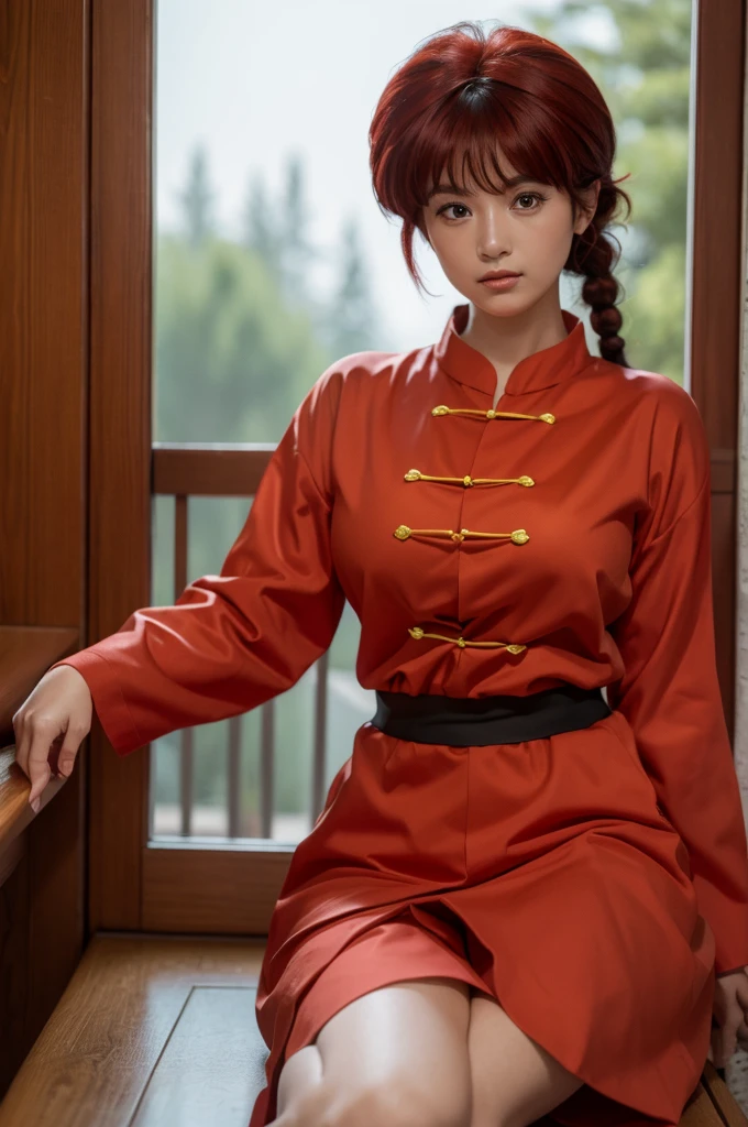 Highest quality,masterpiece,Ultra-high resolution,(Photo Actual:1.4),Budokan,,Comics by Rumiko Takahashi(Ranma 1/2),Character Ranma(woman)Red long hair braid,Cute Face,Wearing a red kung fu suit,