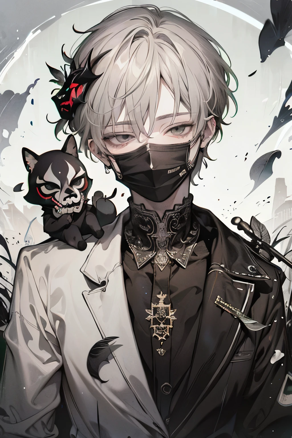 Beautiful young man, Lightgreen-haired, ((Gray eyes)),(short wave hair:1.2), (Black mask:1.2), White Jersey,clear wear,High quality, amount of drawing, pixiv illustration,(animal sticker:1.2),((ecstasy,SEX:1.1)),(NSFW:1.0).