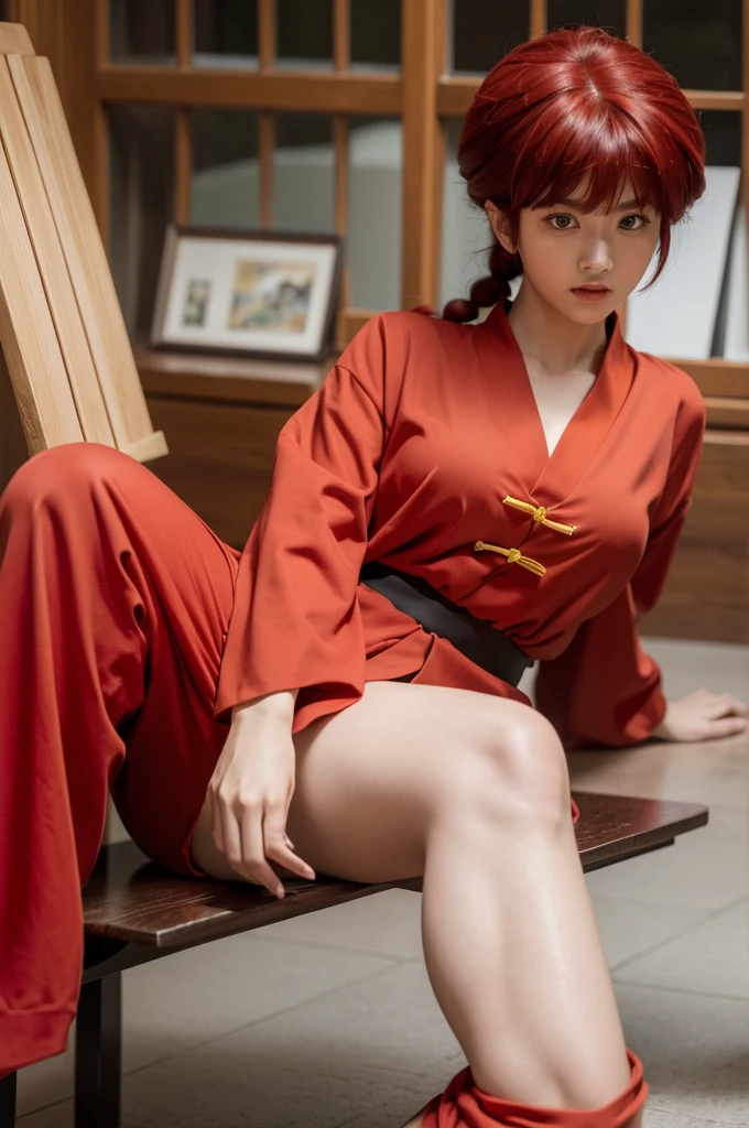 Highest quality,masterpiece,Ultra-high resolution,(Photo Actual:1.4),Budokan,,Comics by Rumiko Takahashi(Ranma 1/2),Character Ranma(woman)Red long hair braid,Cute Face,Wearing a red kung fu suit,