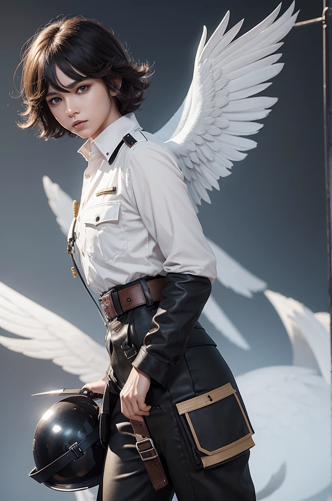 a Free Fire character with angelic pants, black collar shirt, removing a helmet