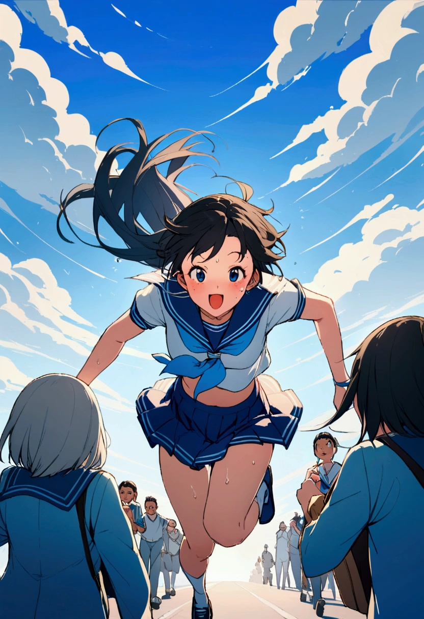 広大なblue sky,Very detailed, delicate and dynamic,Big smile,Great quality, 16K,Student Bag,Black Hair,女子高生がblue skyを駆け抜ける,白いcloud,running,Sailor suit,uniform,Young people,,blue sky,cloud, Wind effects, background,Side dash,Sweat,Side dash,sense of achievement,Jump