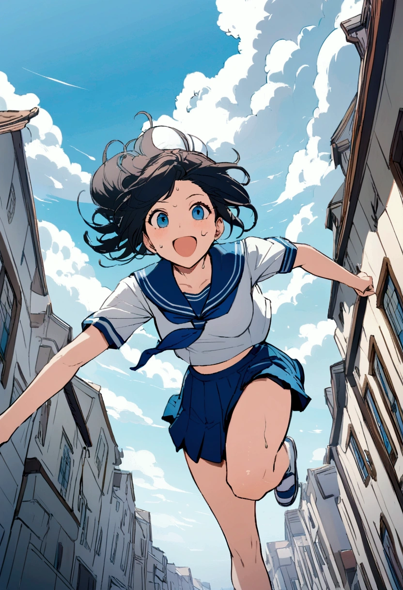 広大なblue sky,Very detailed, delicate and dynamic,Big smile,Great quality, 16K,Student Bag,Black Hair,女子高生がblue skyを駆け抜ける,白いcloud,running,Sailor suit,uniform,Young people,,blue sky,cloud, Wind effects, background,Side dash,Sweat,Side dash,sense of achievement,Jump
