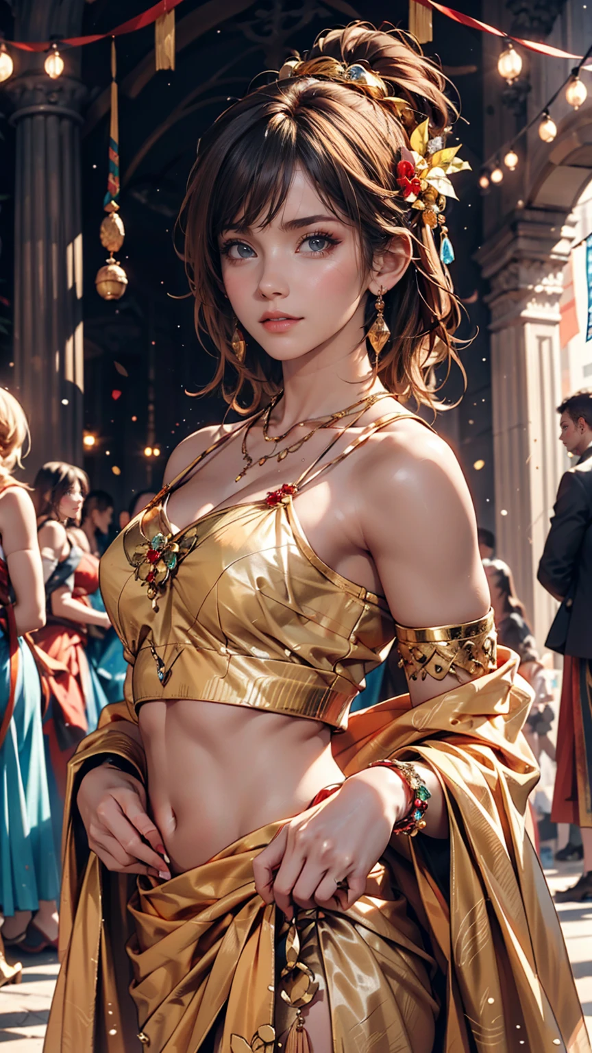Ladies dancing at a Roman festival。They wear brightly colored togas、Adorned with gold jewelry and jewels。In the background is a square decorated with festive decorations.、Ancient Roman sculptures