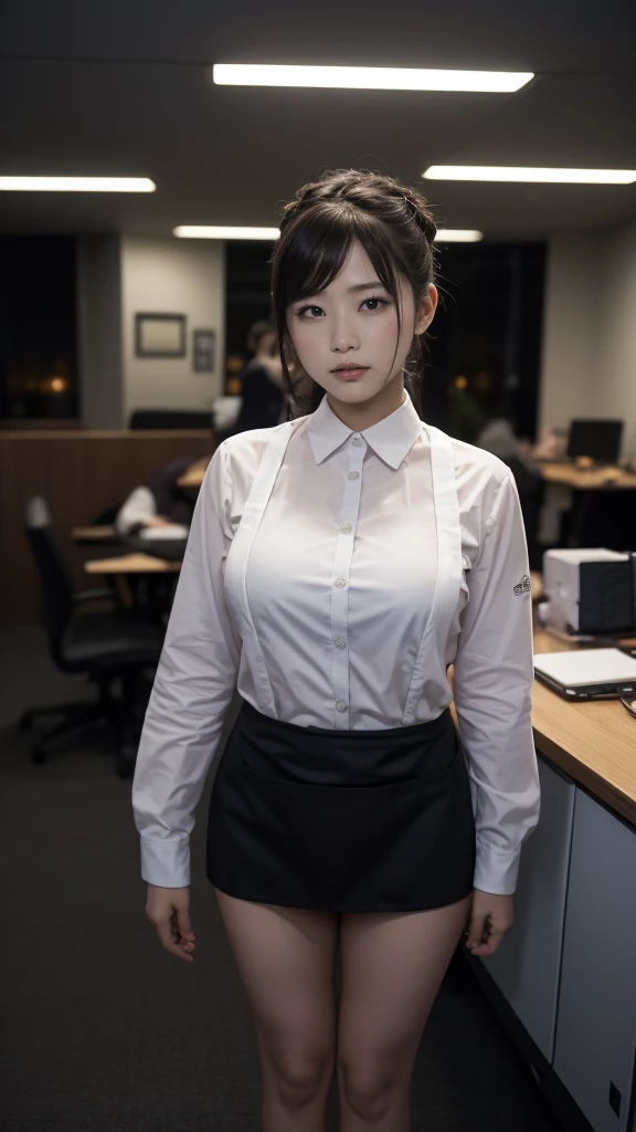 Working as a manager in the dark, In a dimly lit office, ((Standing and showing off pubic hair)), Legs spread wide, blouse, ID card, squat, apron, Braiding, floor, Sealing,