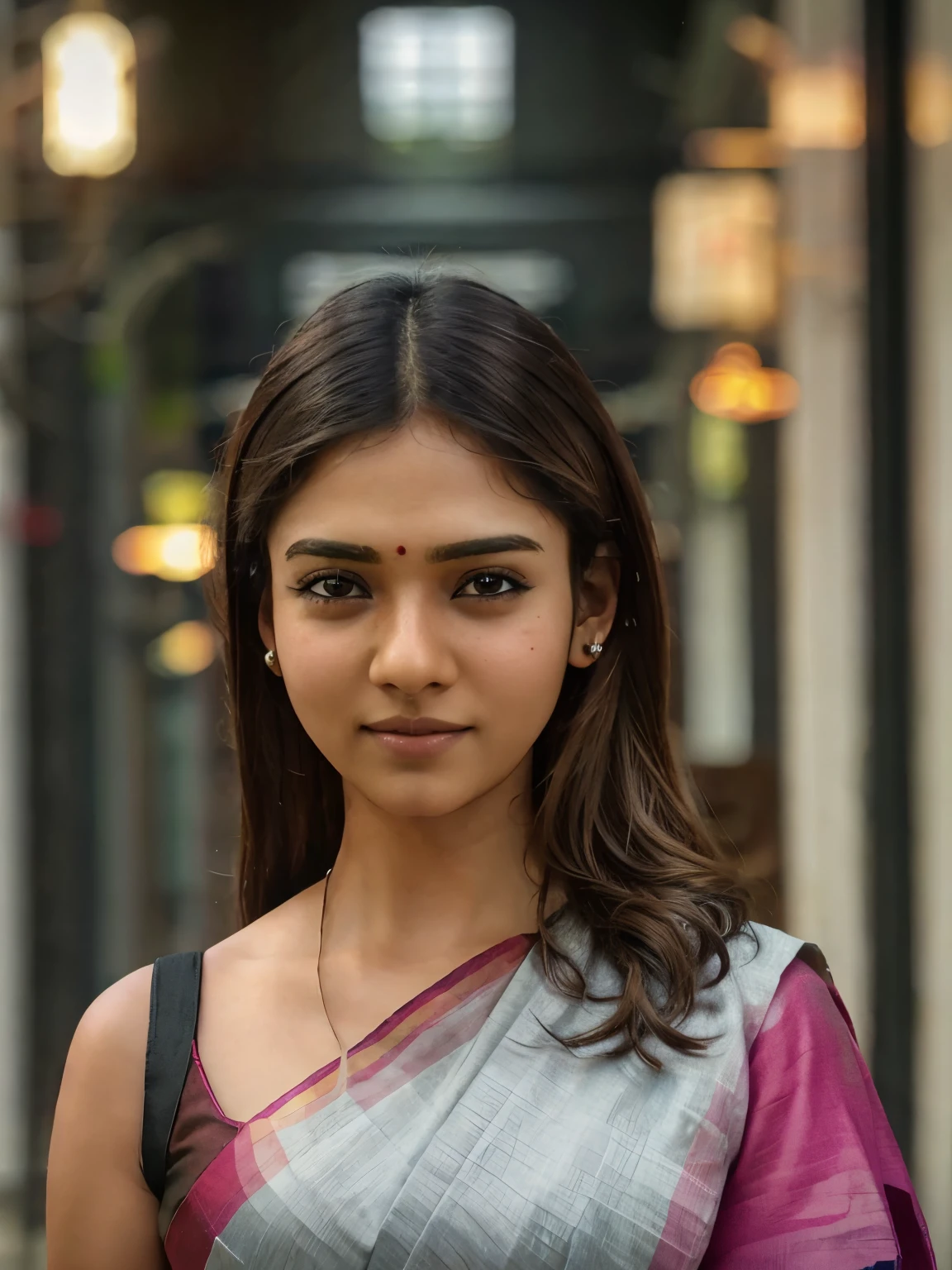 Full body portrait, Tamil girl, smile:0.6, high detail face, high detailed skin texture, inside dark room, only a bulb hanging over her head, 128K, HDR, high resolution, photo-realistic, cinematic lighting, depth of field, cool colors, midnight scenario, ear studs, wrist watch, eyes symmetry, face symmetry, (intricated meticulously detailed:1.6 faces & eyes & ears & nose & lips & body parts), hyper maximized objects