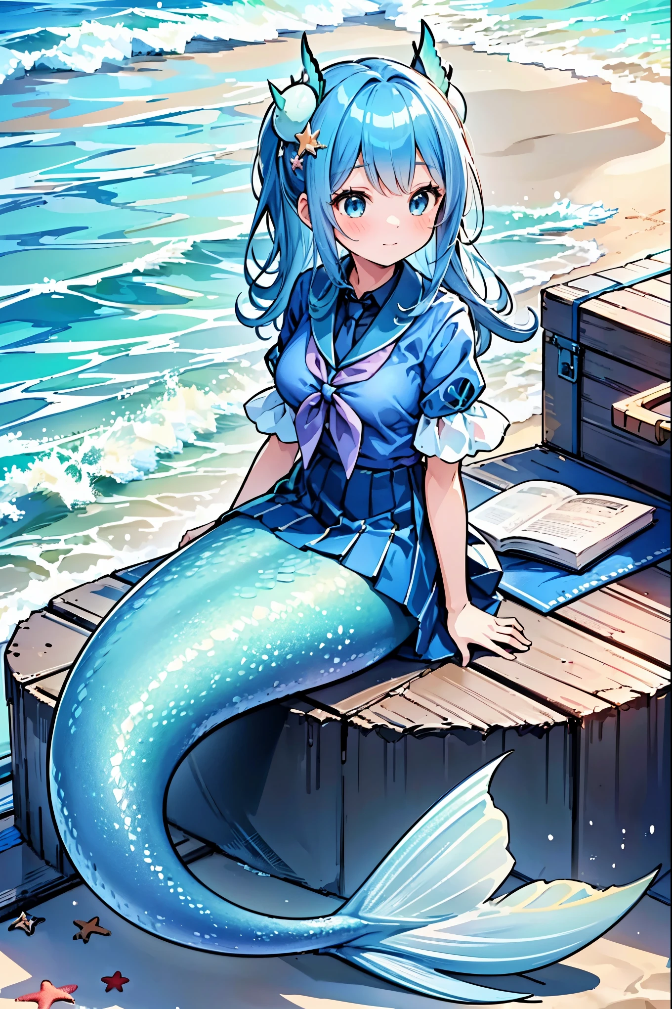 masterpiece, best quality,(Full fingers),A female breast,Mermaid,Blue shirt,Blue Skirt,藍色的Mermaid尾巴,full-body shot,ocean,Beach,Sitting on the beach,charming脸(Kawaii, charming,Soft)