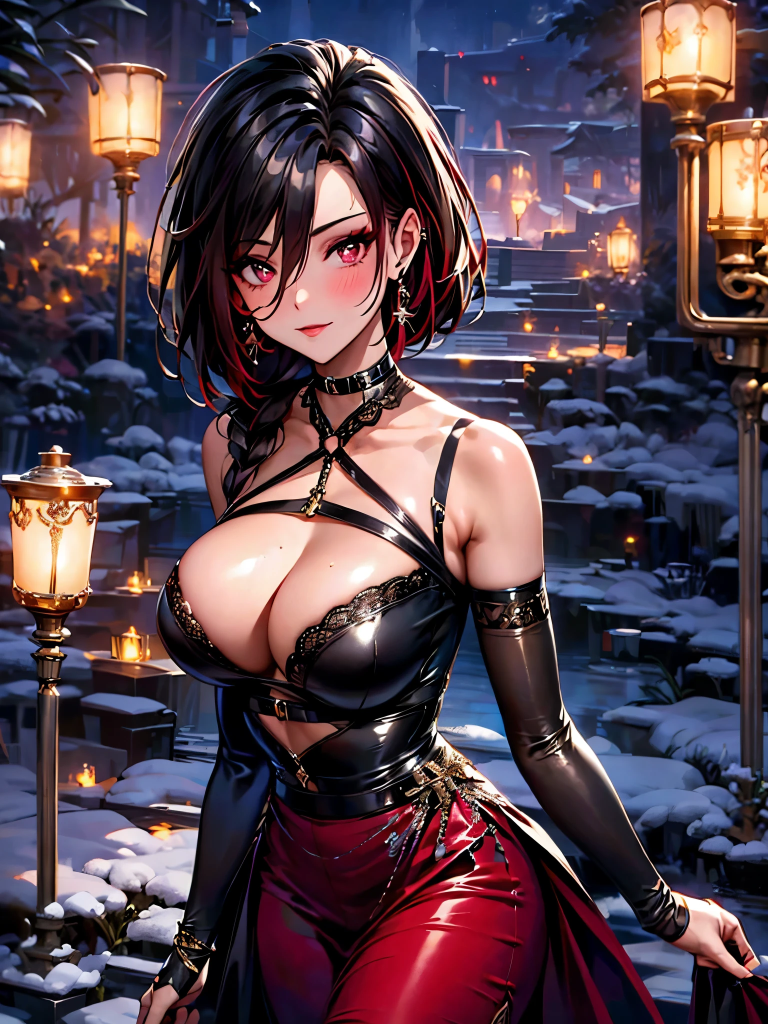 mature woman, 1 girl, alone, solo (masterpiece, best quality, very detailed), sharp focus, detailed face, face focus, focus on face, very detailed eyes, long black cyclamen hair, (cyclamen highlights: 1, 3), side bottom braid, cyclamen red eyes, (sparkling eyes: 1,2), long eyelashes, (strong blush: 1,2), delicate makeup, ((ball lace dress, long skirt, lace, elegant)), Crusader earrings, ear piercing, cinematic lighting, edge lightning, shading, dynamic angle, sharp image, perfect quality, perfectly crafted background, beautiful warm lights, sexy, ballroom, castle, dancing in ballroom, Crystal chandelier, close-up, portrait, solo,