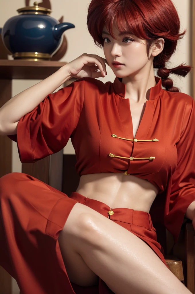 Highest quality,masterpiece,Ultra-high resolution,(Photo Actual:1.4),Budokan,,Comics by Rumiko Takahashi(Ranma 1/2),Character Ranma(woman)Red long hair braid,Cute Face,Wearing a red kung fu suit,