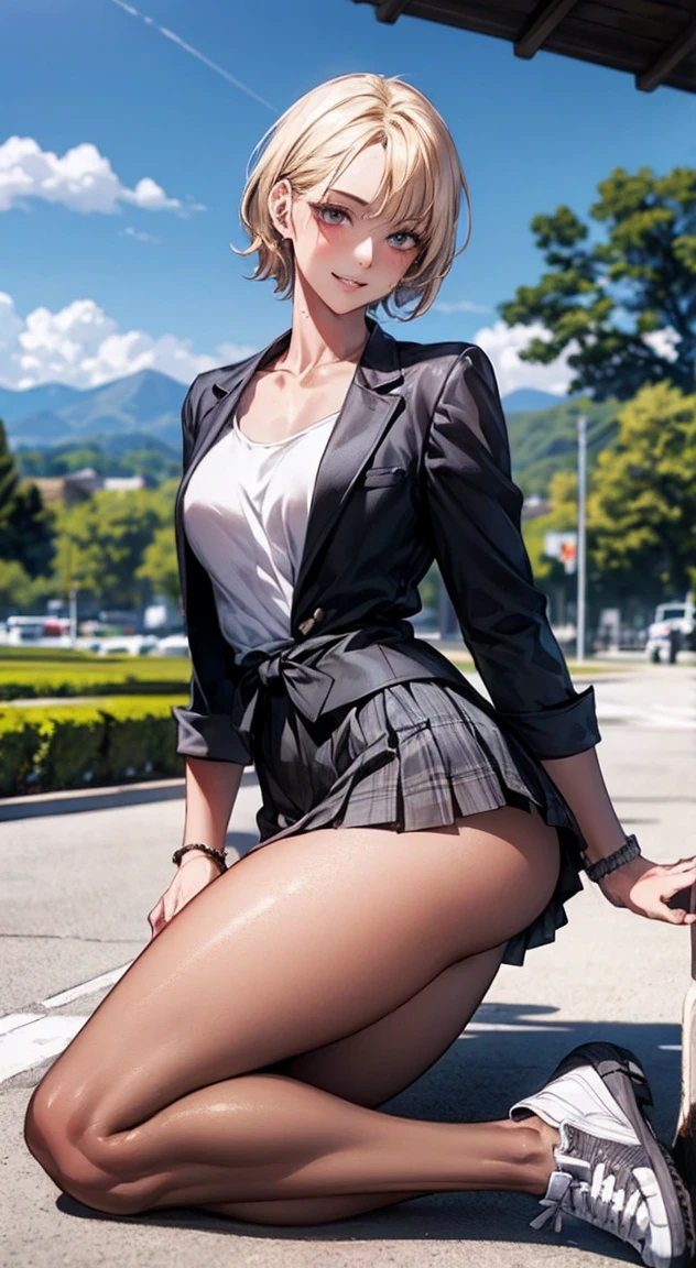 (masterpiece:1.3, highest quality),  (realistic, photorealistic:1.4), beautiful illustrations, perfect lighting, colorful, written boundary depth, 
looking at the viewer, full body, Front view:0.6, 1 girl, alone, Japanese, high school girl, Improve, (Medium chest, big ass, seductive thighs, skin dents),
(short hair:1.5),  asymmetrical bangs, red eye, parted lips, (very tanned and shiny skin), 
beautiful hair, beautiful face, highly detailed face, fine and beautiful eyes, beautiful clavicle, beautiful body, beautiful breasts, beautiful thighs, beautiful feet, beautiful fingers, 
(beautiful scenery), daytime, outdoor,
( sexy pose), (enchanting smile),(blonde:1.5),Gray plaid pleated skirt, black tights, plump thighs, white sneakers,black jacket,