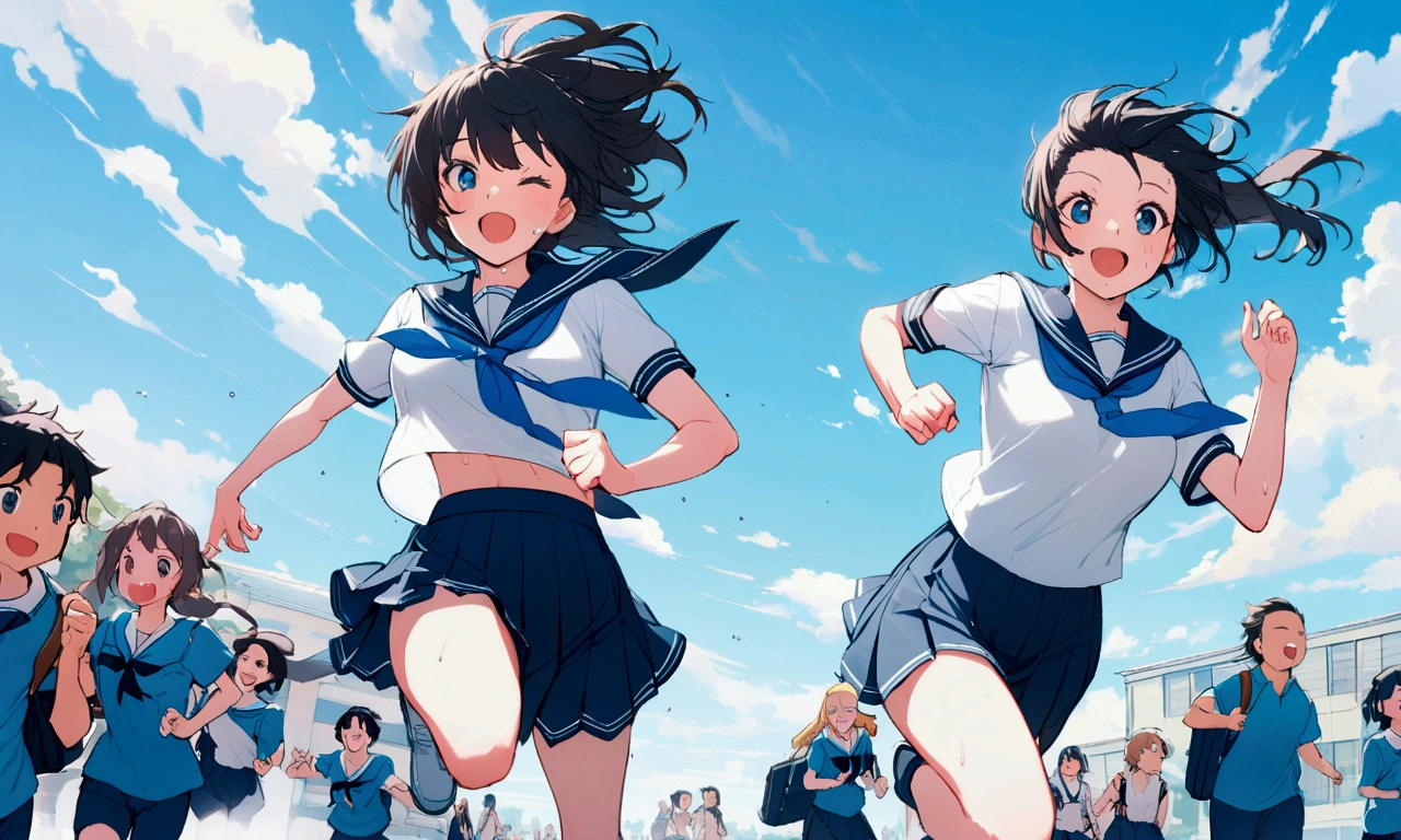 広大なblue sky,Very detailed, delicate and dynamic,Big smile,Great quality, 16K,Student Bag,Black Hair,女子高生がblue skyを駆け抜ける,白いcloud,running,Sailor suit,uniform,Young people,,blue sky,cloud, Wind effects, background,Side dash,Sweat,Side dash,sense of achievement,Jump
