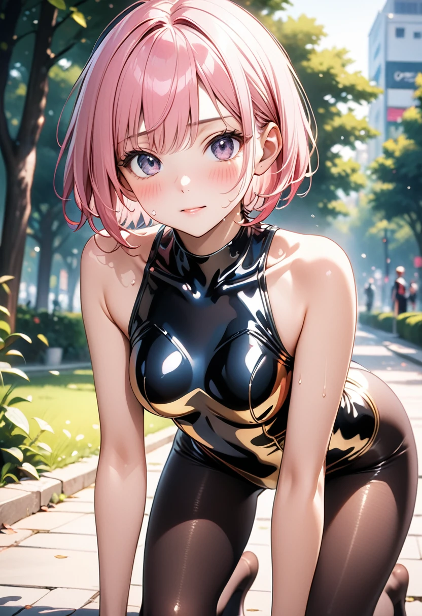 (((Bodysuits, pantyhose))), skinny, solo, 1 woman, Masterpiece, highest quality, highest quality, 16K, incredibly absurd, highly detailed, 2.5D, ai-generated, delicate and dynamic, very delicate facial expressions, delicate eye depiction, ??????, only sexy woman, ((A cute and kind face)), healthy figure, ((25-year-old woman)), 160cm tall, medium firm swaying bust, (short hair), (pink hair:1.5), bob cut, black eye, blush, Sweat,Embarrassed,sexy, ((thin thighs)), (camel toe:0.7), (visible nipples:0.3), (????? nipples,:0.7), shiny and lustrous, facing straight at viewer, (in heat), ((Oily_skin)), cowboy shot, ((all fours)), A city park in midsummer, (Metallic costumes),