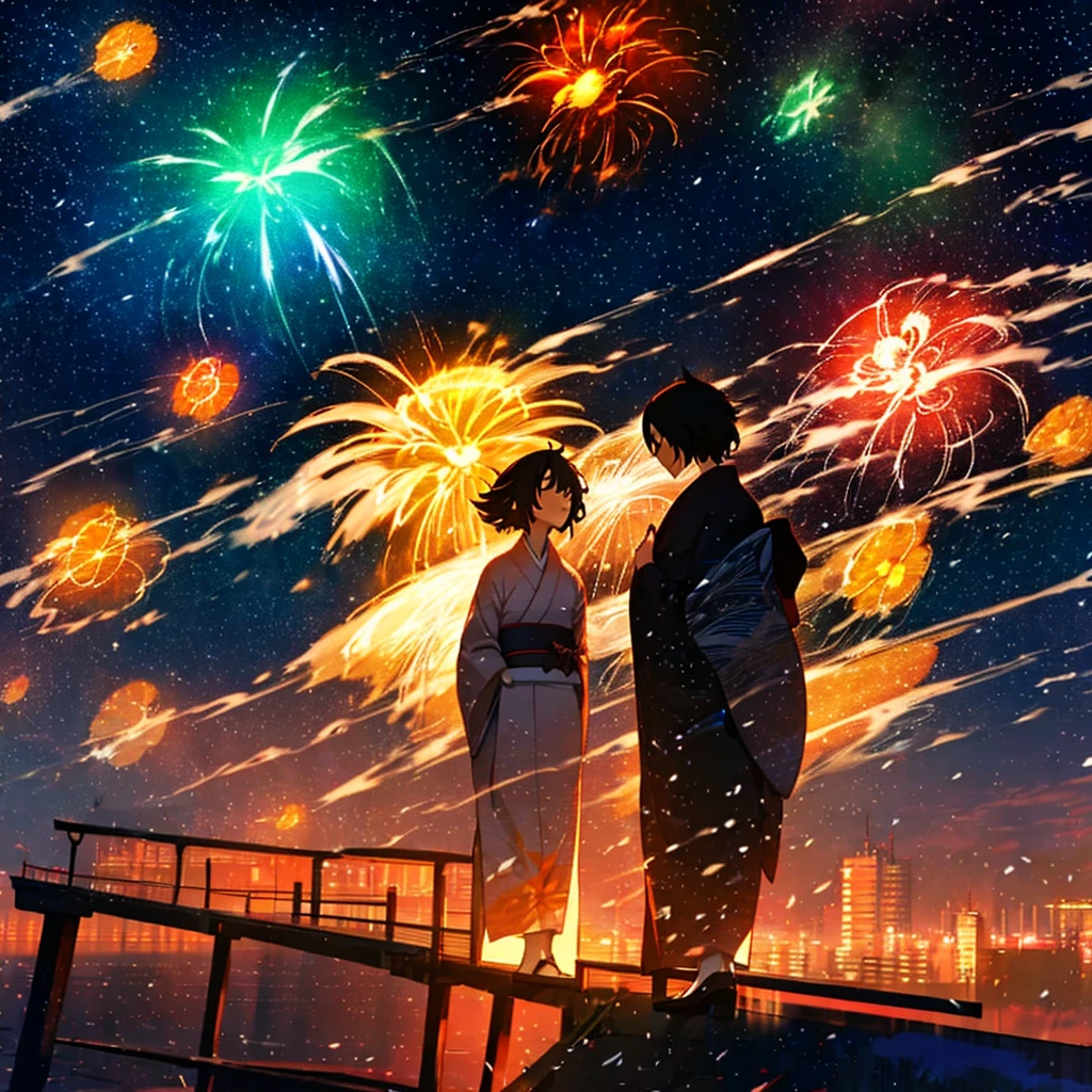 firework over a woman in kimono sitting on a bridge, Makoto Shinkai Cyril Rolland, Inspired by Cyril Rolland, firework, celebrate, firework, Cyril Rolland and Goro Fujita, firework in the background, [ firework in the sky ]!!, Wallpapers – 1 0 2 4, Cyril Rolland style, 背景にfirework、