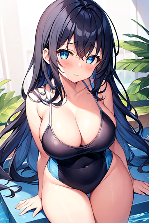 1girl, large breasts, thick thighs, wide hips, blush, blushing, wavy mouth, shy, timid, blue eyes, dark blue hair, black hair, black swimsuit, one-piece swimsuit, blue trim, light blue trim, from behind, bare legs, mature female, tall