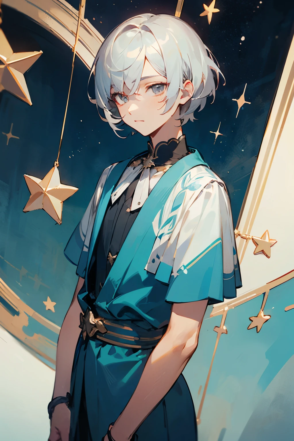 ((best qualityer)), ((work of art)), (detailded), male, silver eyes, short hair, silver hair, Cyan clothes, star decorations