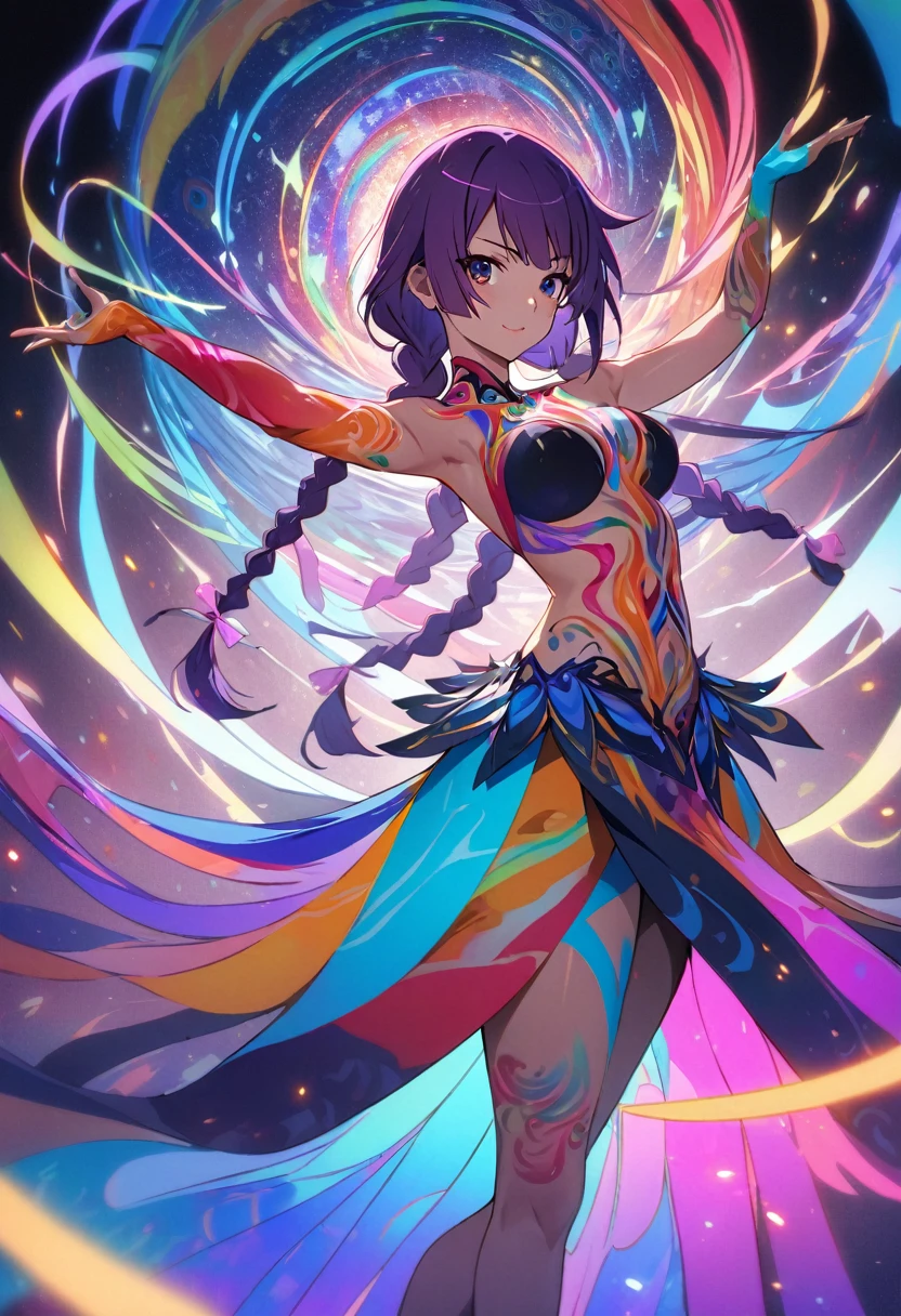 1girl, senjougahara hitagi, monogatari (series), masterpiece, best quality, absurdres, dramatic gallery lighting, art gallery chic style, vibrant body paint art, complex yoga pose, artistic gallery setting, purple hair
Clothing (body paint):.
Vibrant, fluid body paint covering the entire body
Colorful abstract design: organic mix of purple, blue, green, red, yellow and orange
Colors change along muscle movements and body curves, emphasizing a three-dimensional effect
Sparkling metallic paint expresses the flow of energy
Swirling patterns inspired by yoga chakras are placed along the spine.
Poses: Natarajasana
Complex pose combining Natarajasana (dancer's pose) and Eka Pada Kaunda Nyasana (shoulder standing pose)
Standing on one foot, the other leg extended overhead, the hand grasping the ankle with the back
Free arm gracefully extended out to the side for balance
Back arched widely, chest open
Hairstyle:.
Long purple hair in multiple thin braids, artistically placed around the body
Part of the hair is used as part of the pose and composed to wrap around the body
Small bells and colorful ribbons are attached to the ends of the hair to create sound and color changes with movement
Accessories:.
Minuscule glowing particles along the curves of the body (body jewelry)
Thin body film in iridescent colors, changing color with each movement
Makeup.
Abstract and colorful design, with the entire face as part of the body paint
Intricate peacock-feather motif around the eyes
The lips are a gradation of iridescent colors.
Environment
Posed on a circular platform surrounded by 360 degree mirrors
Floor surface is LED, changing color and pattern in response to pose and movement
Multiple projectors placed around the body project various images and light patterns onto the body